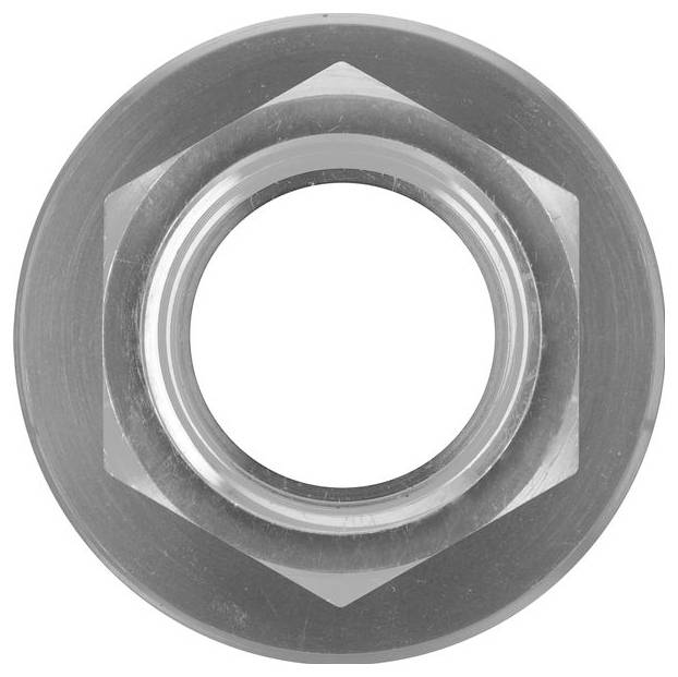 Un écrou hexagonal en argent avec une finition métallique, vu de dessus, montrant l'ouverture circulaire intérieure.