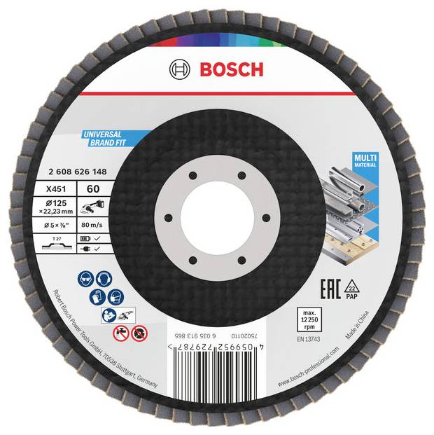 Un disque étiqueté 'Bosch Universal Brand Fit' avec les caractéristiques suivantes : grain 60, diamètre de 125 mm, alésage de 22,23 mm, vitesse de 80 m/s, pour utilisation sur métal.
