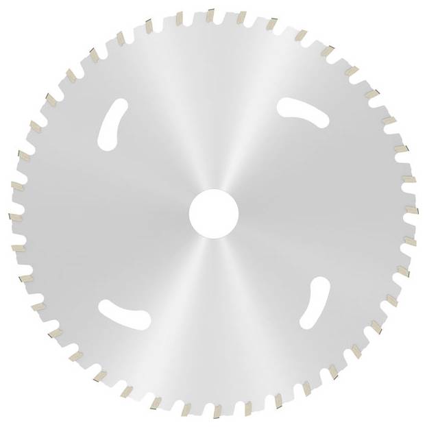 Une lame de scie circulaire avec des dents régulièrement espacées autour du bord, utilisée pour couper des matériaux comme le bois ou le métal.