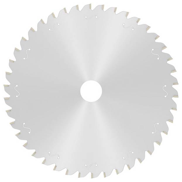 Une lame de scie circulaire avec des dents tranchantes autour du bord, conçue pour couper du bois ou d'autres matériaux. Elle possède un trou central pour la fixation.
