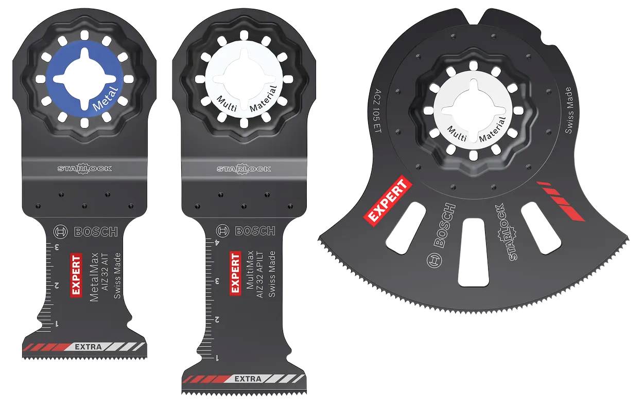 Les lames et grattoirs oscillants Bosch pour multi-outils affichés côte à côte, y compris les accessoires Expert et Extra pour la coupe et le grattage.
