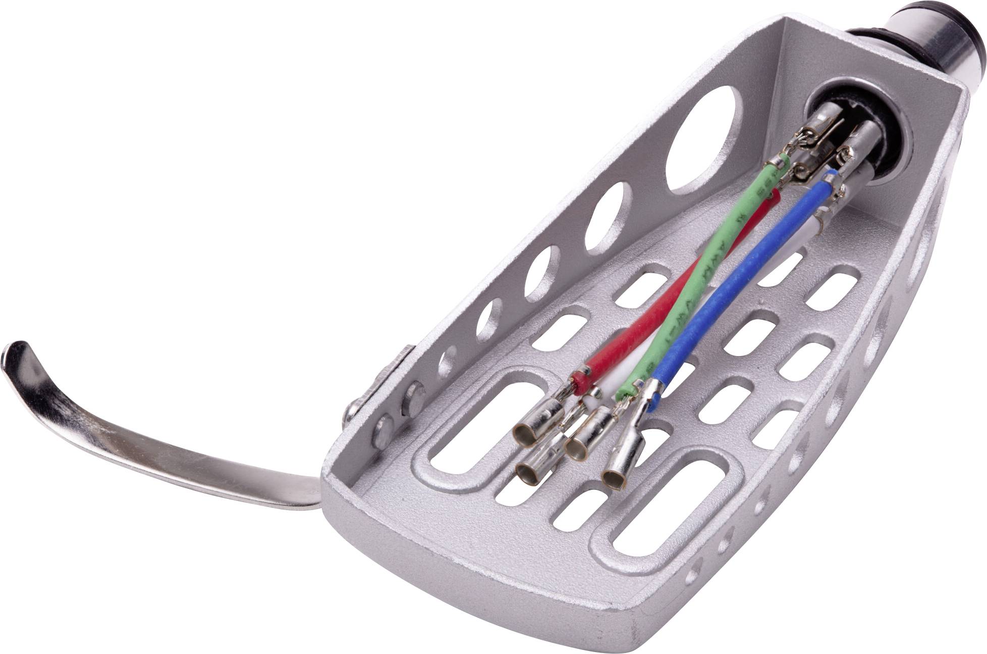 Un porte-cellule en métal de ton argent avec câblage est présenté. Il comporte des espaces pour l'installation d'une cellule et quatre fils de couleurs : rouge, vert, bleu et blanc.