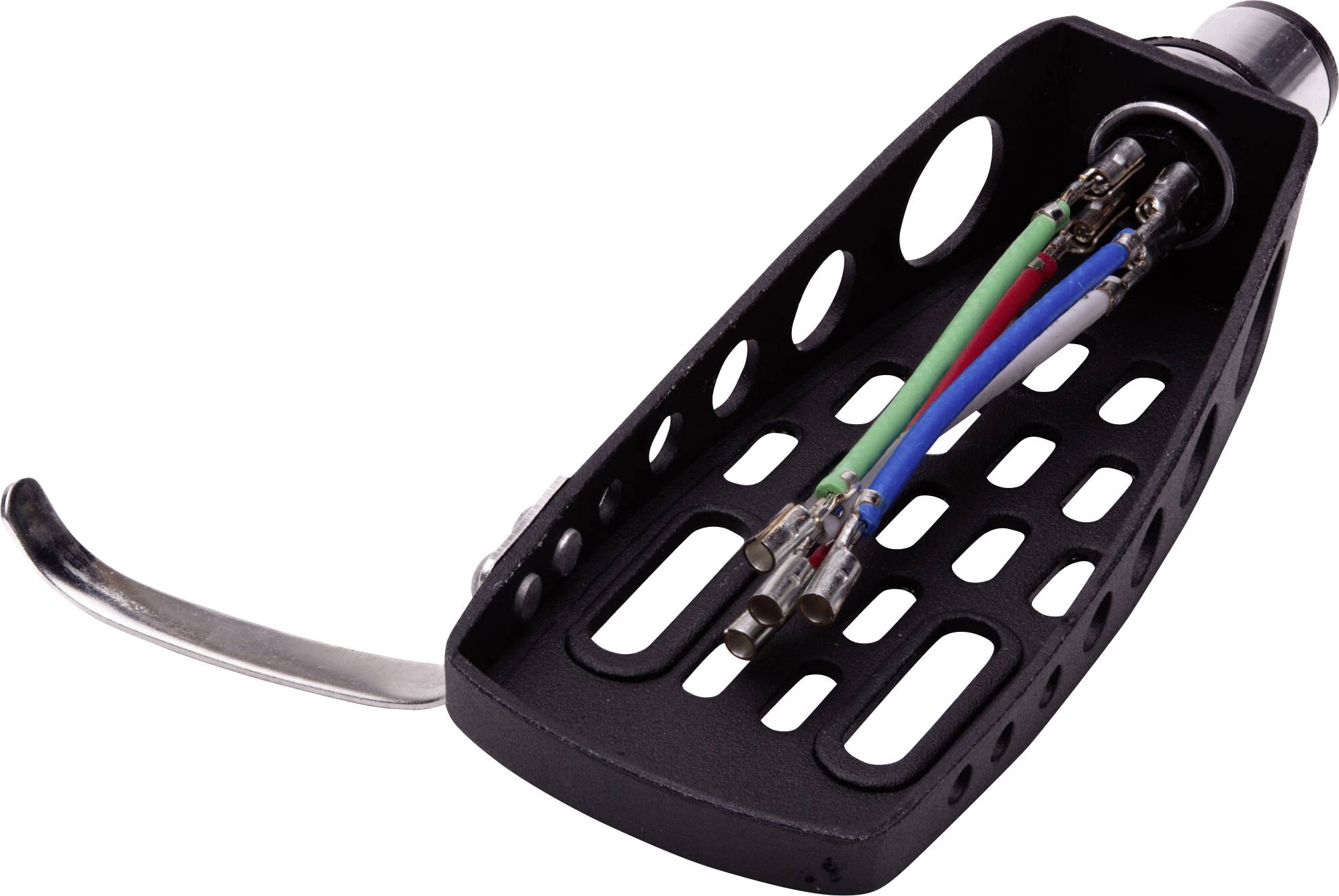 Un ensemble de pédales de course noir avec trois emplacements pour connecter des fils montrant des câbles verts, bleus et rouges attachés à des connecteurs métalliques.