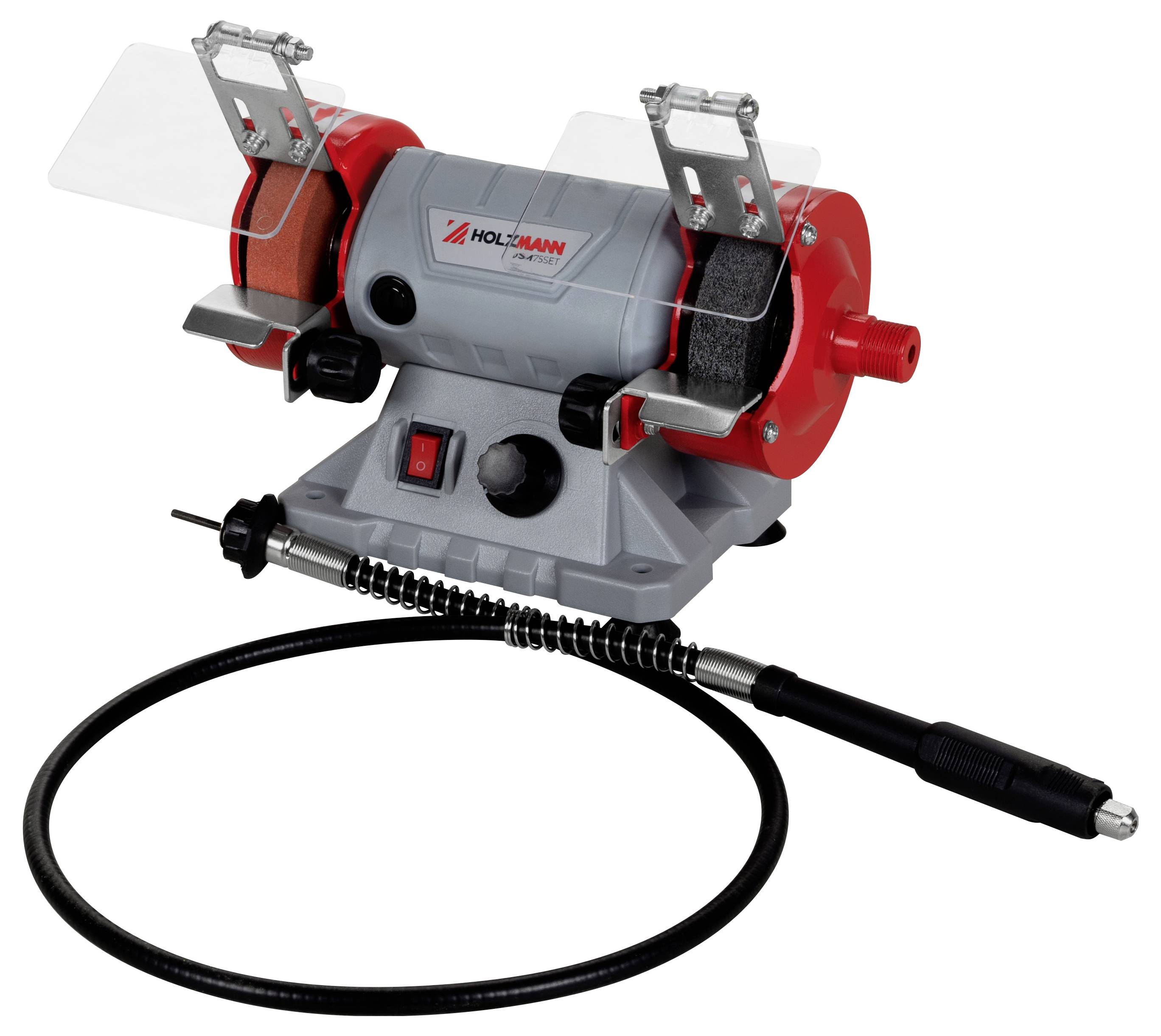 'Meuleuse d'établi avec adaptateur de flexible, équipée d'un système à double roue et de protections de sécurité pour les travaux de meulage et de polissage.'