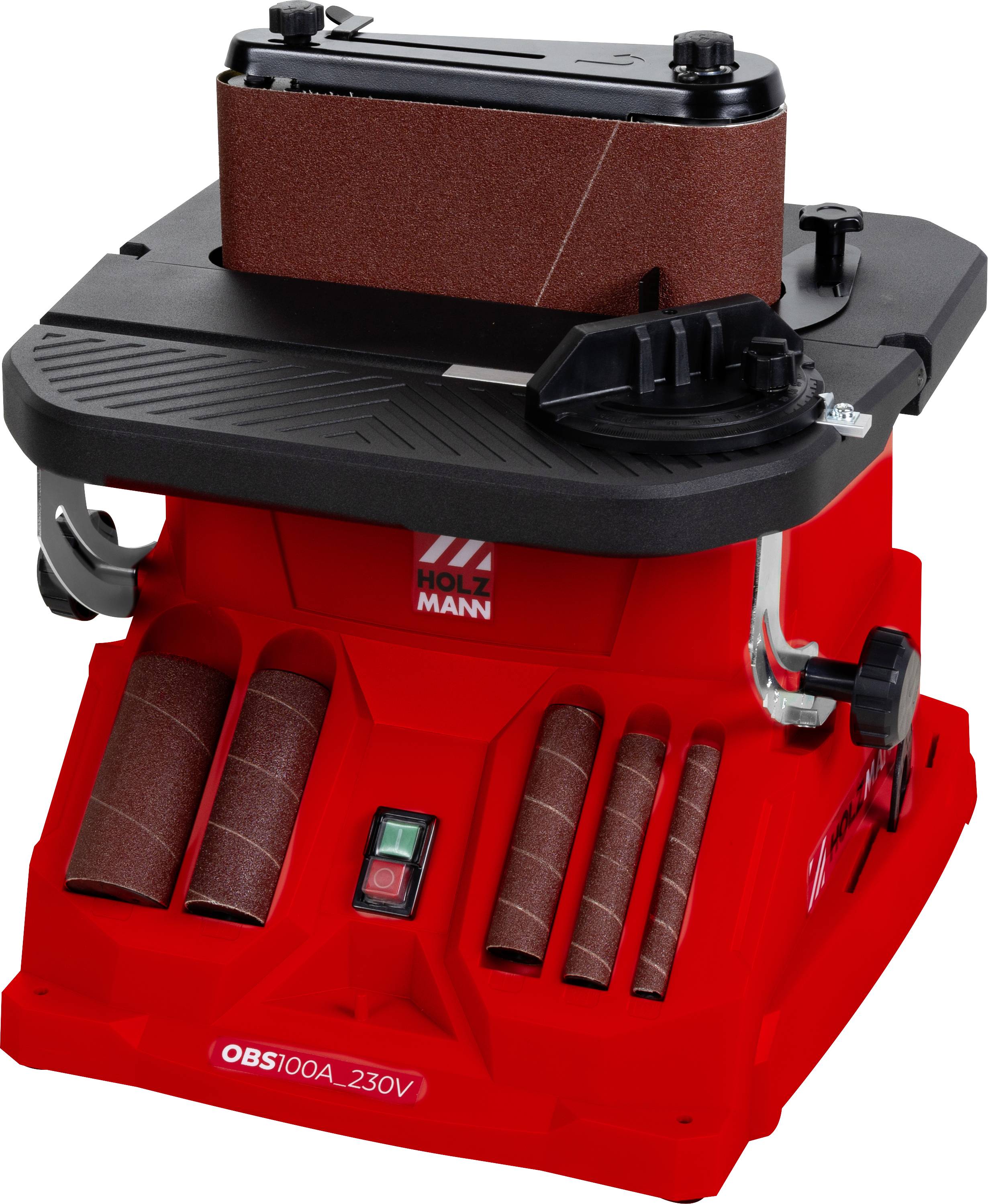 Une ponceuse de table rouge avec différents accessoires de ponçage rangés à l'avant, dotée d'un interrupteur marche-arrêt sur le socle, conçue pour le travail du bois.