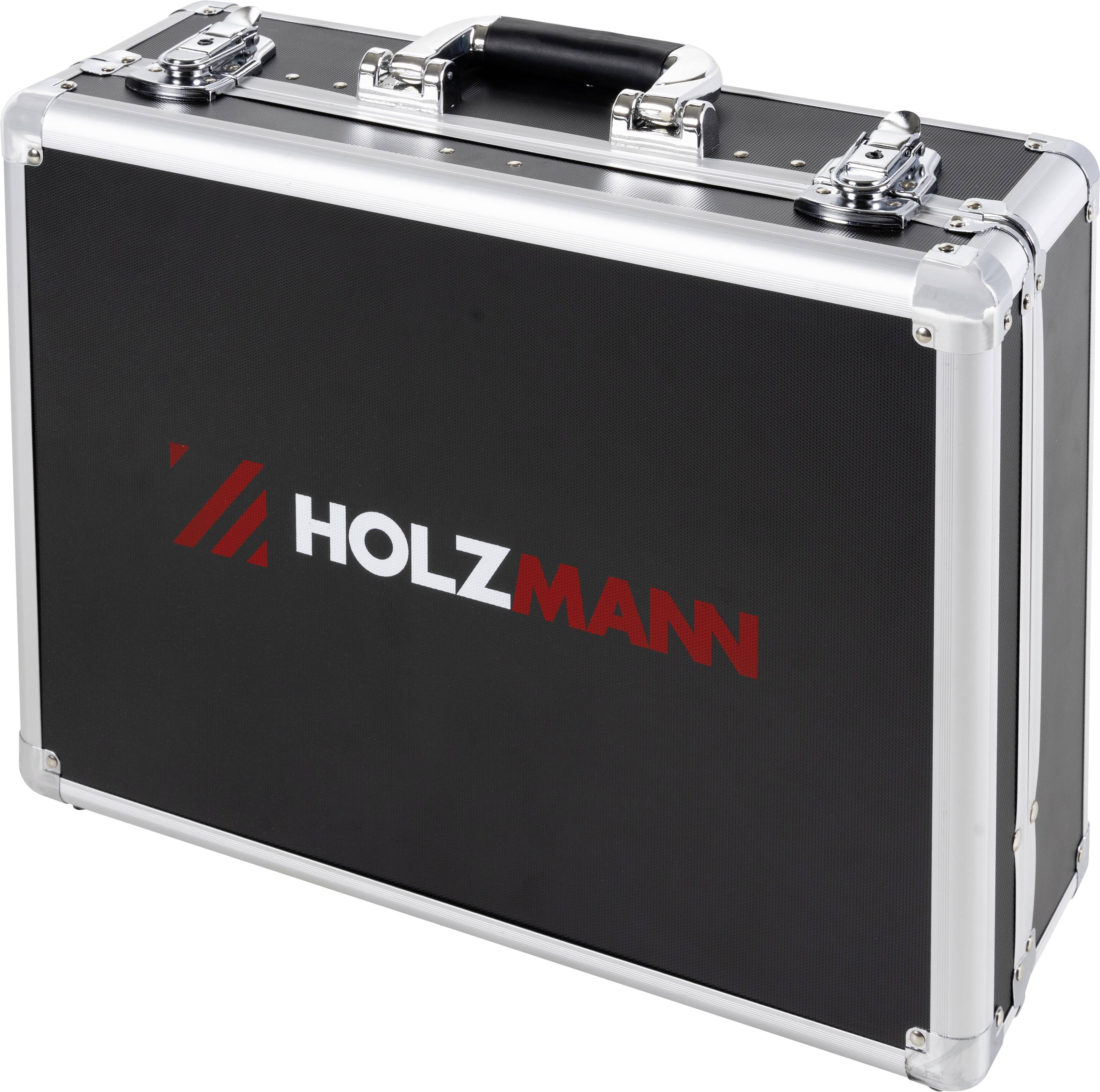 Un boîtier noir et argenté avec des coins en métal et une poignée, portant le mot « HOLZMANN » en lettres rouges sur le côté.