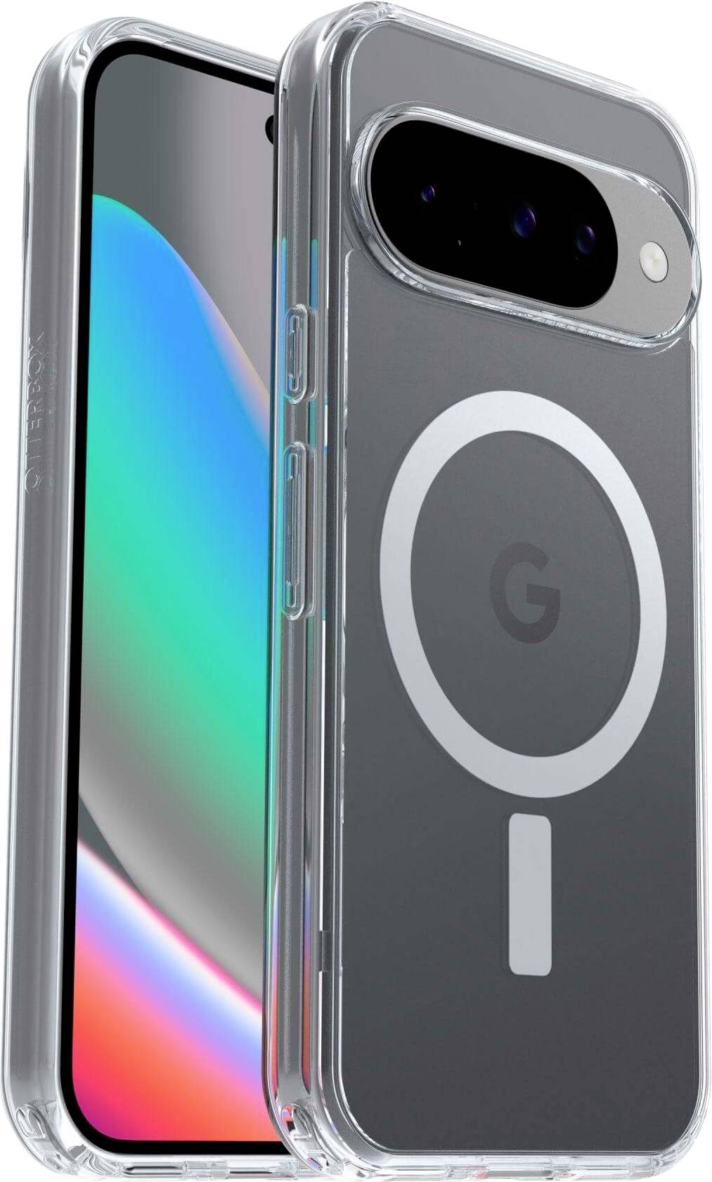 Un smartphone doté d'un écran lumineux et coloré, présenté à l'intérieur d'un étui transparent avec un logo circulaire au dos, suggérant une compatibilité avec la charge sans fil.
