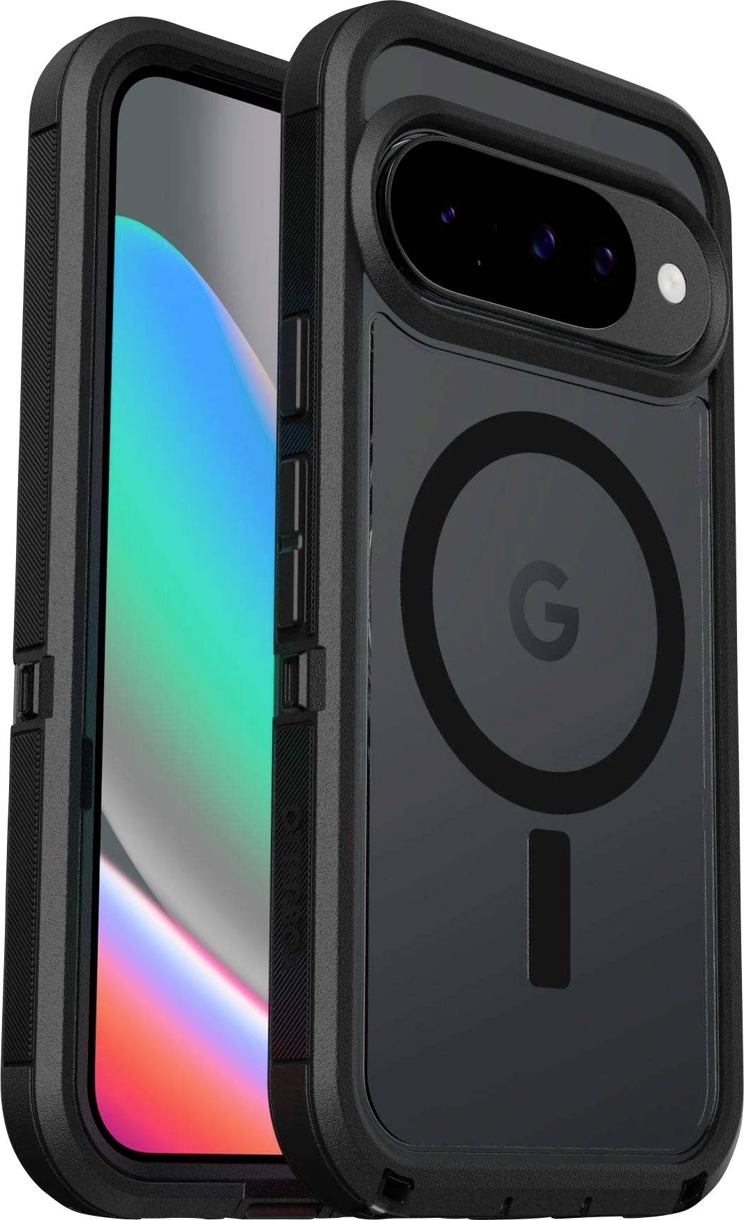 Un smartphone dans un étui robuste noir avec des boutons visibles et un anneau MagSafe à l'arrière, affichant un écran coloré.