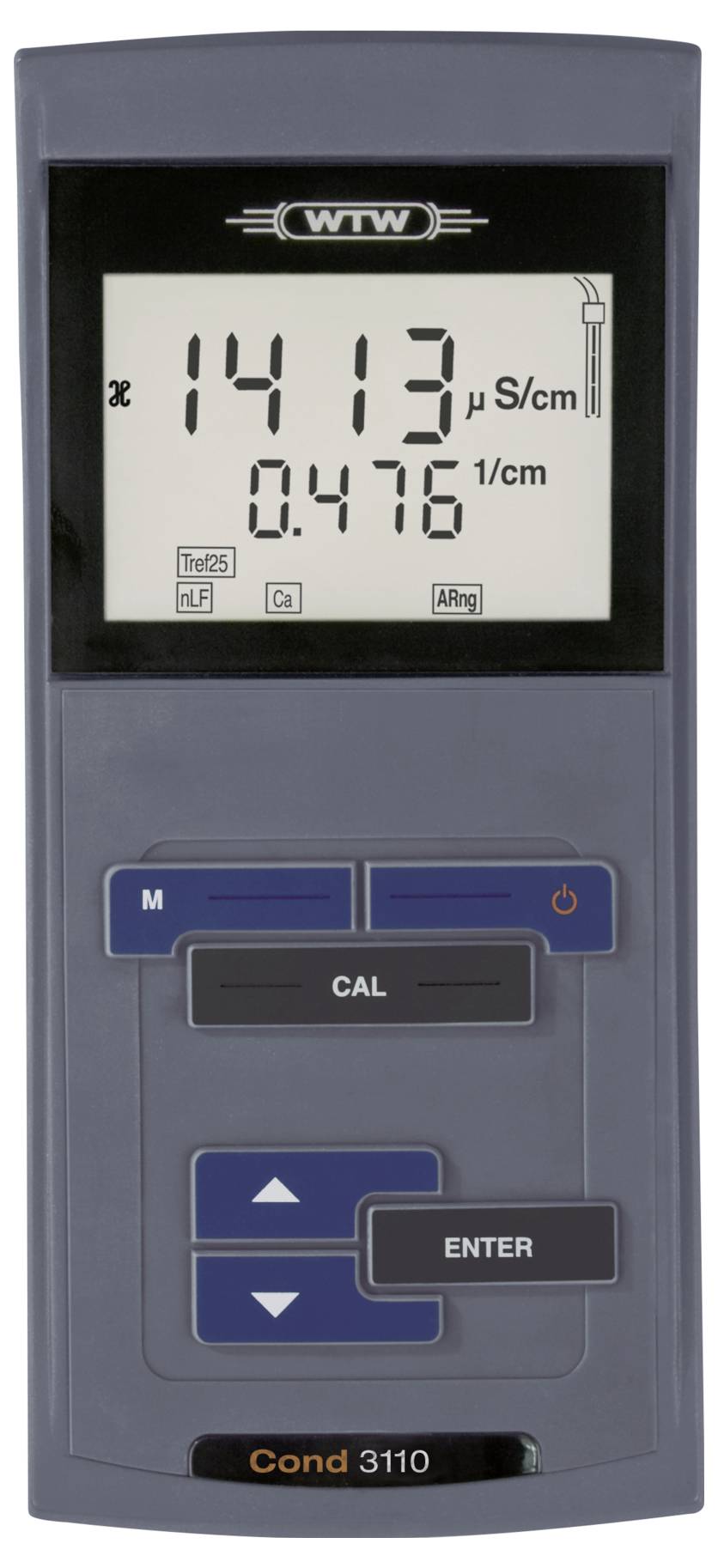 Mètre de conductivité portable affichant une lecture de '1413 µS/cm', avec des boutons pour l'étalonnage et les paramètres. Logo de la marque 'WTW' en haut.