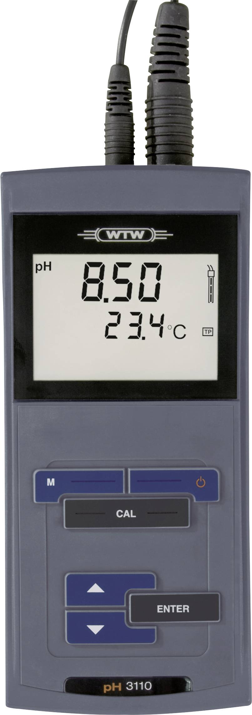 L'image montre un appareil portable affichant un niveau de pH de 8,50 et une température de 23,4 °C, utilisé pour mesurer la qualité de l'eau.