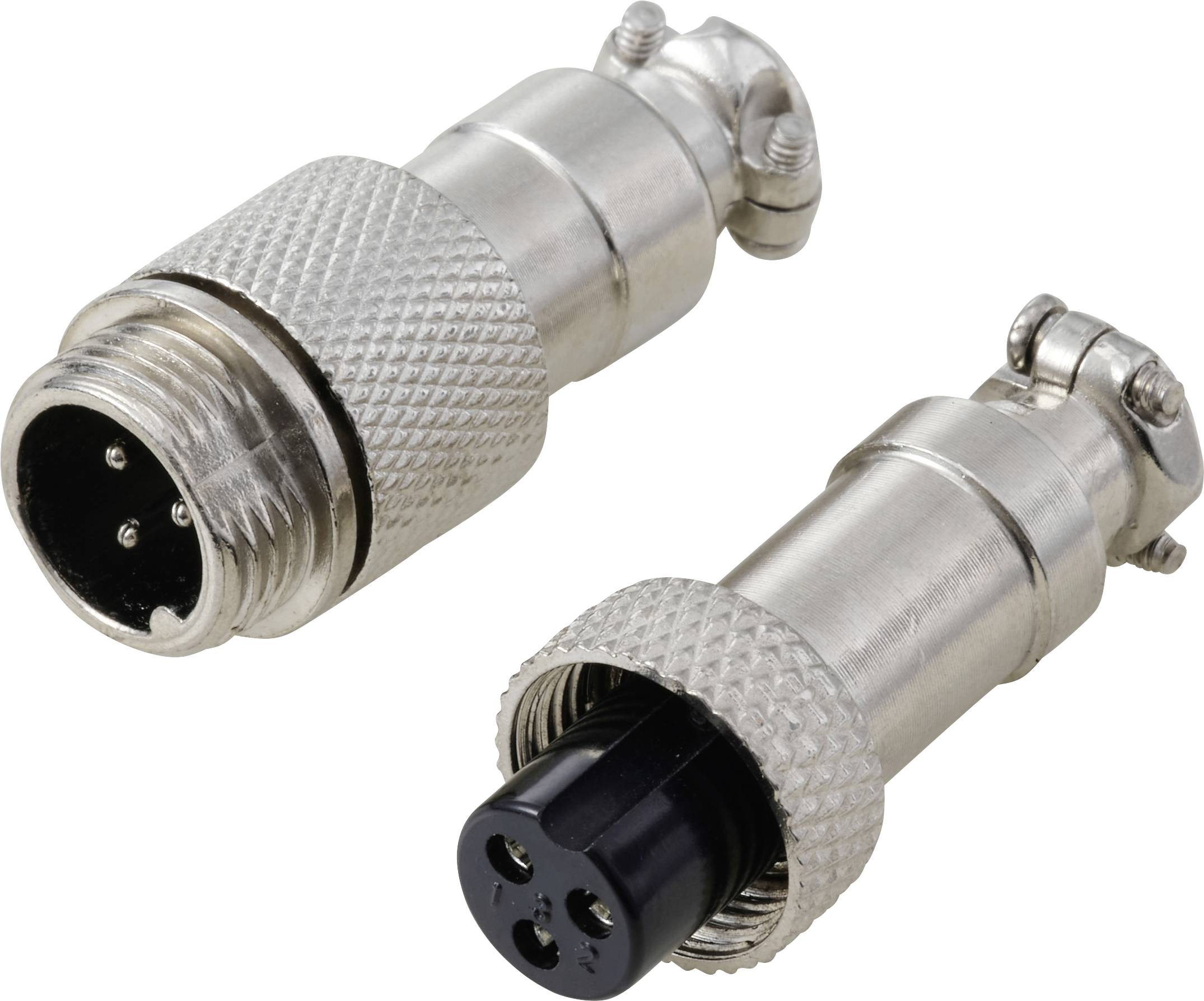 « Deux connecteurs circulaires métalliques ; l'un avec quatre broches, l'autre avec quatre socles ; utilisés pour les connexions électriques ou de données. »