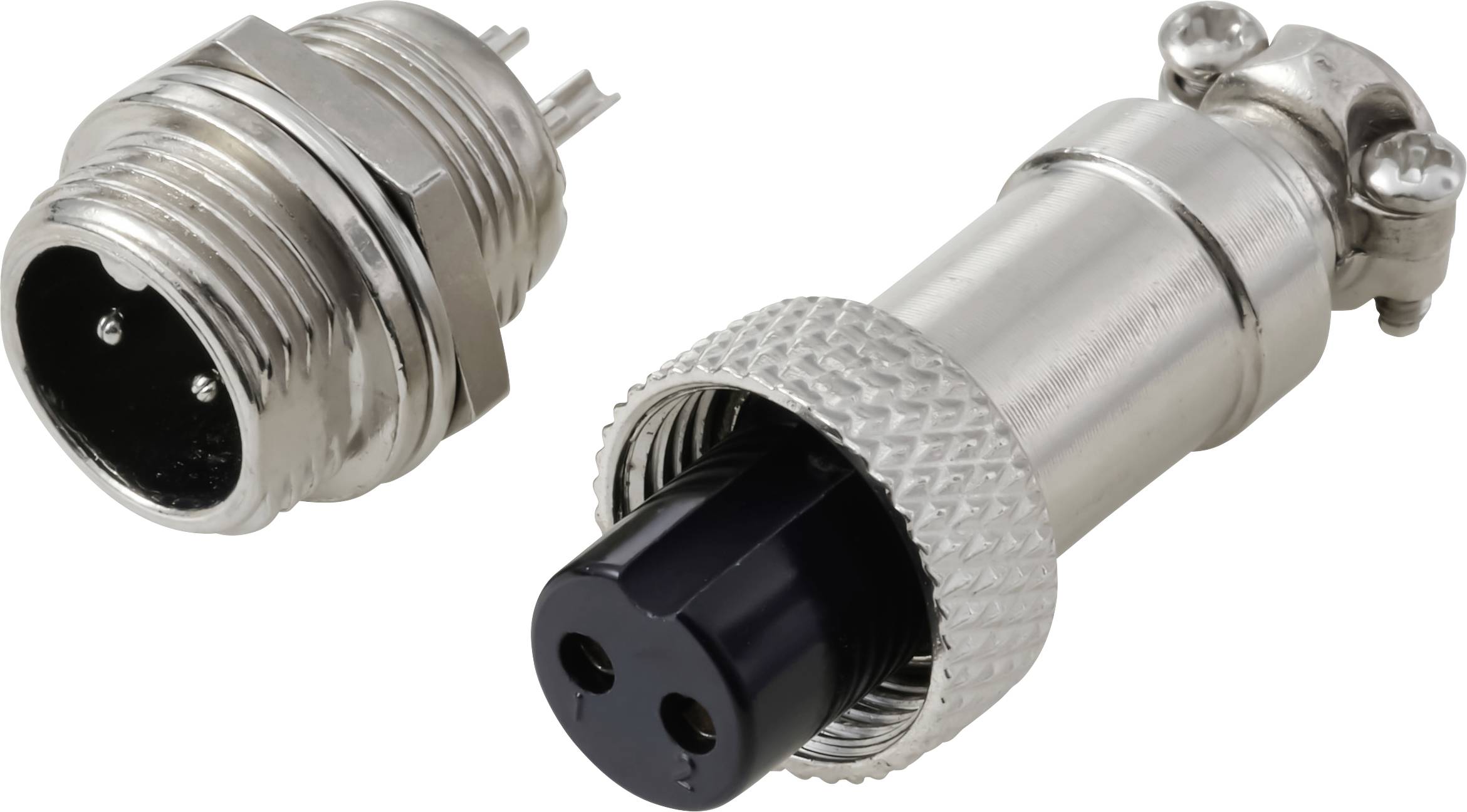 Gros plan d'un connecteur électrique métallique avec ses composants de fiche et de prise. La fiche présente deux broches, et la prise est filetée pour un attachement sécurisé.