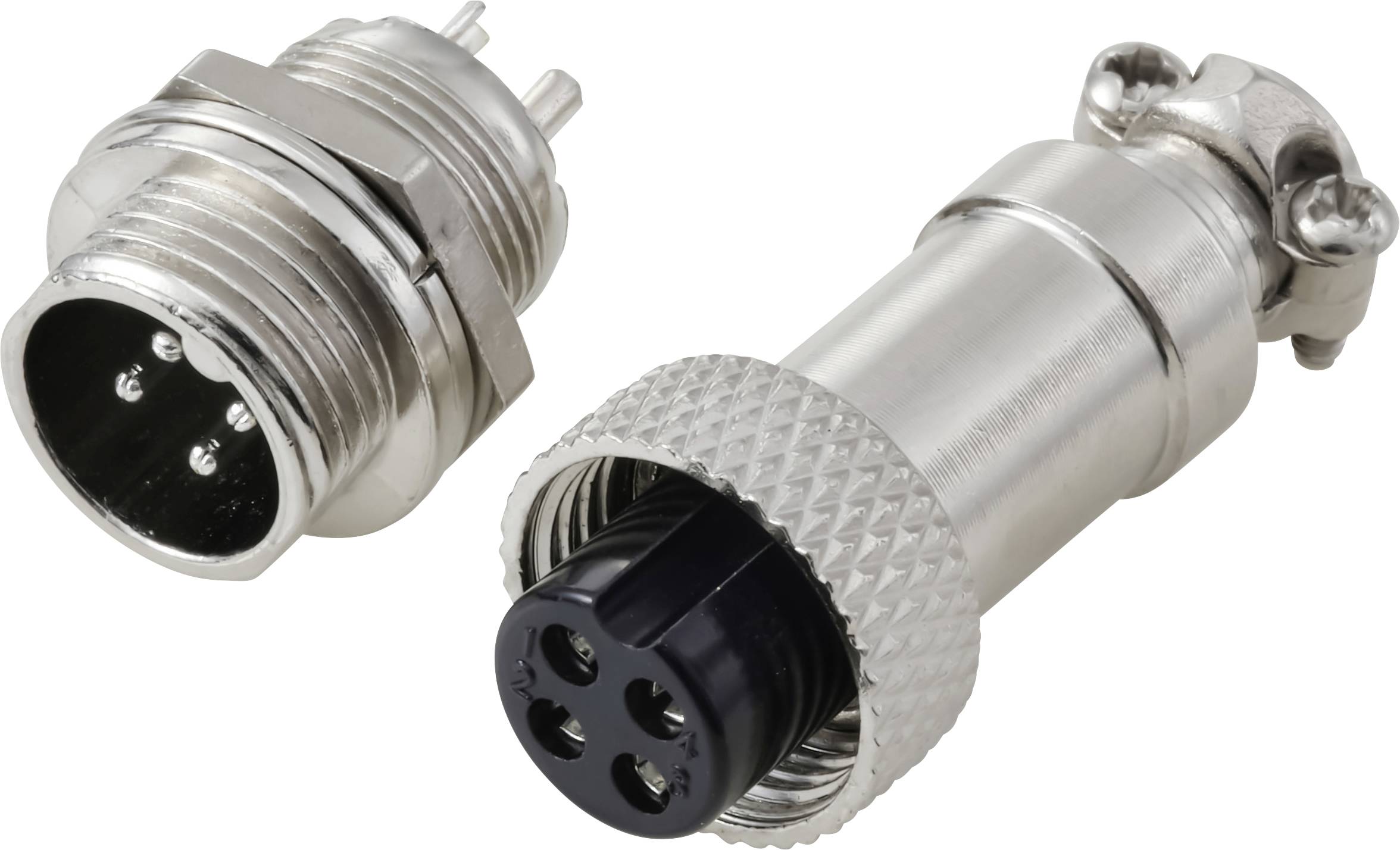 « Deux connecteurs audio métalliques : une fiche mâle avec des broches et une prise femelle avec des trous. Les deux ont un design cylindrique métallique. »