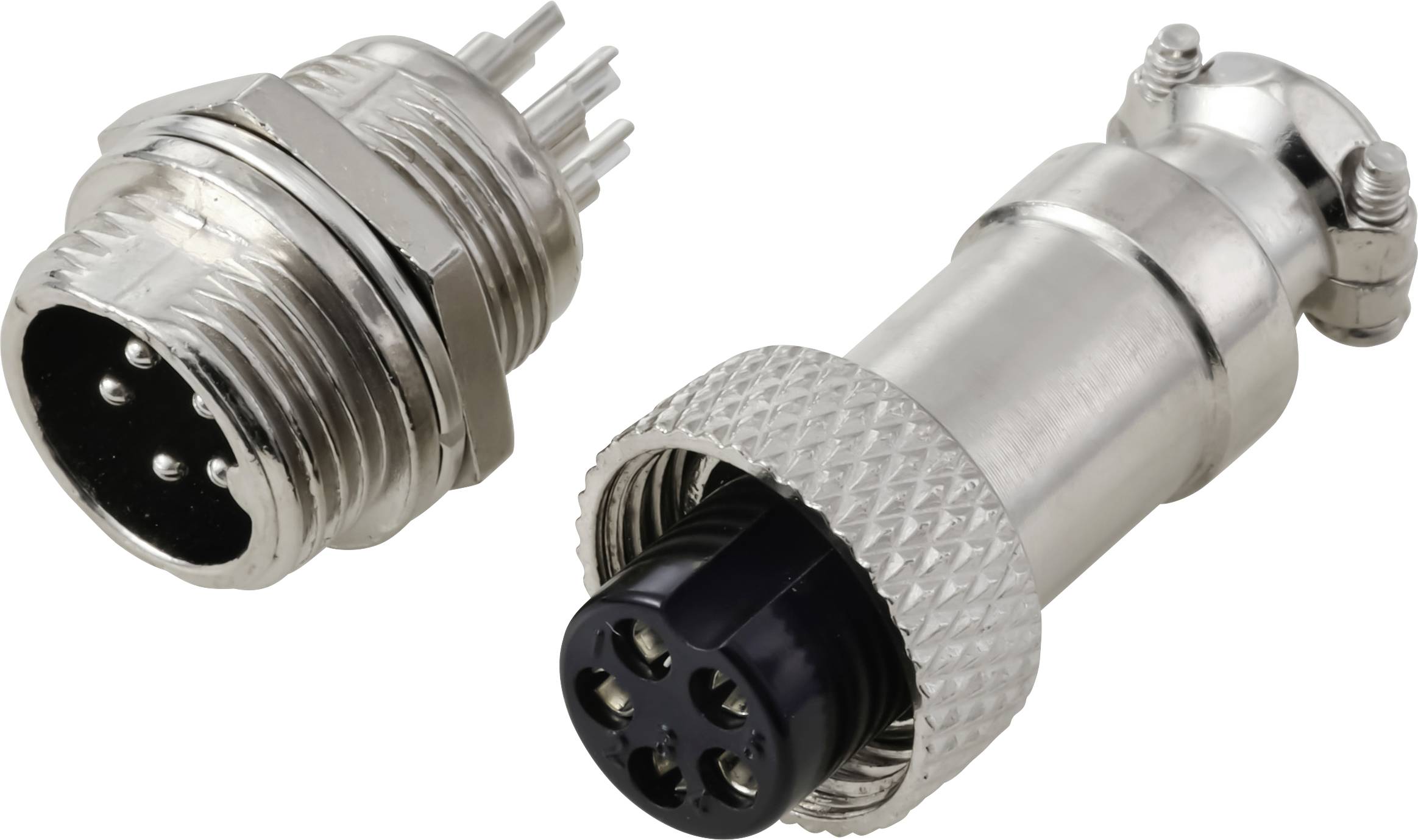 Connecteurs circulaires métalliques mâles et femelles avec broches et socles, conçus pour les connexions électriques dans les équipements industriels.