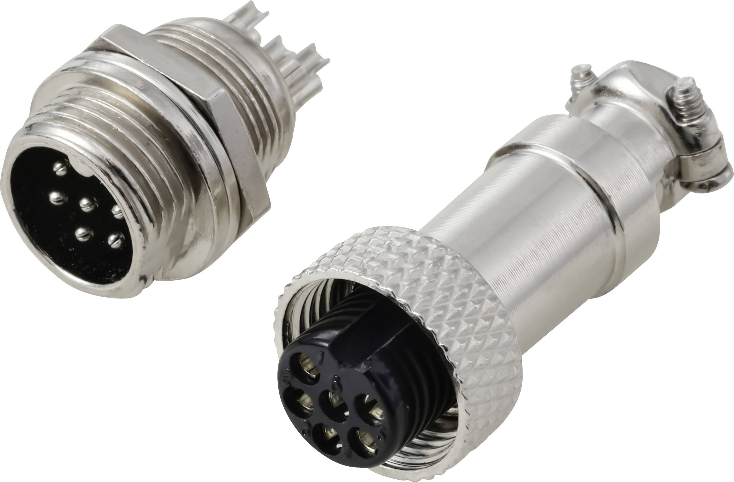 Un connecteur circulaire métallique avec une prise striée est représenté assemblé et désassemblé, mettant en évidence sa configuration à 5 broches.