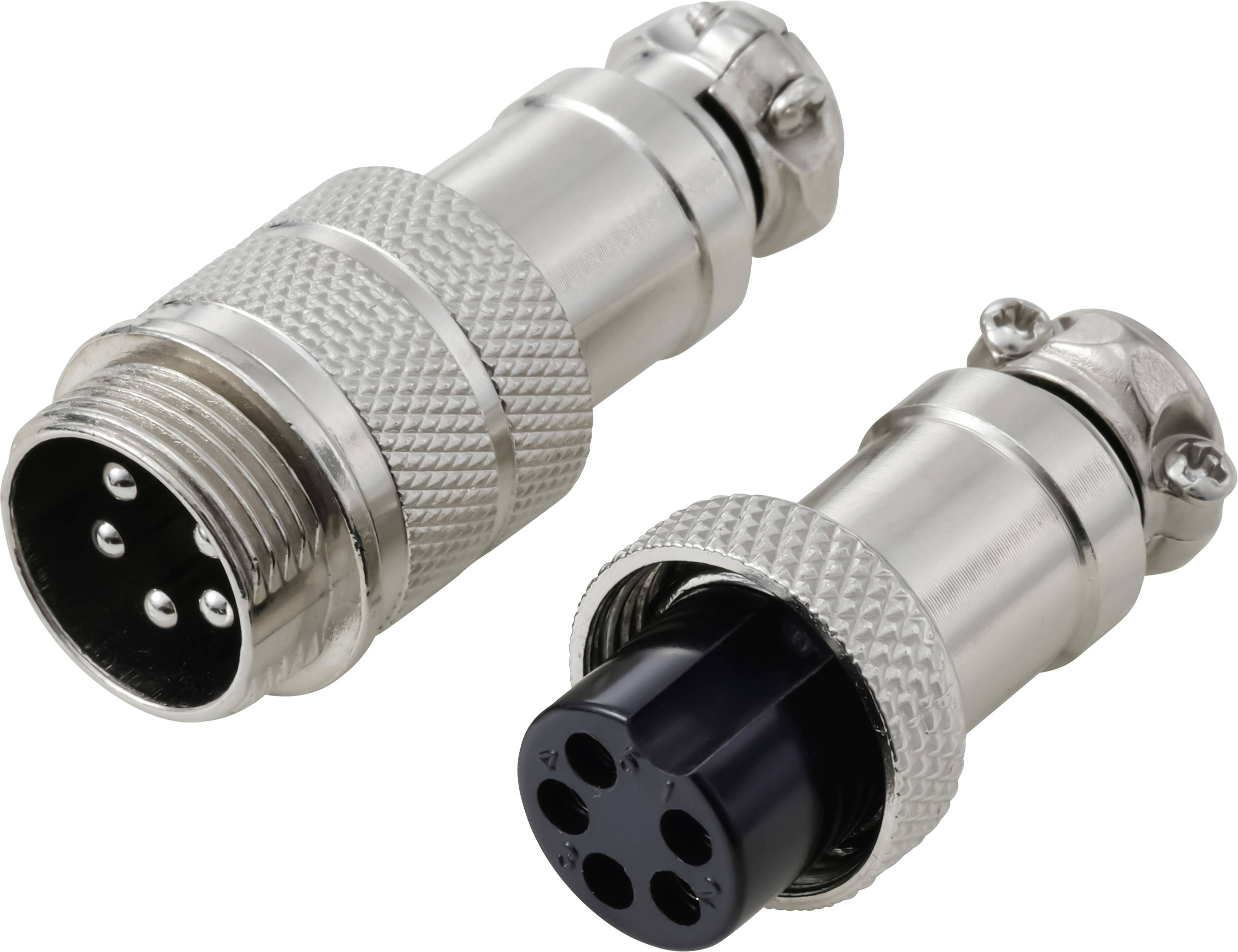 Deux connecteurs électriques métalliques ; l'un présente trois broches mâles, l'autre quatre emplacements femelles. Ils possèdent une surface texturée pour une meilleure prise en main.