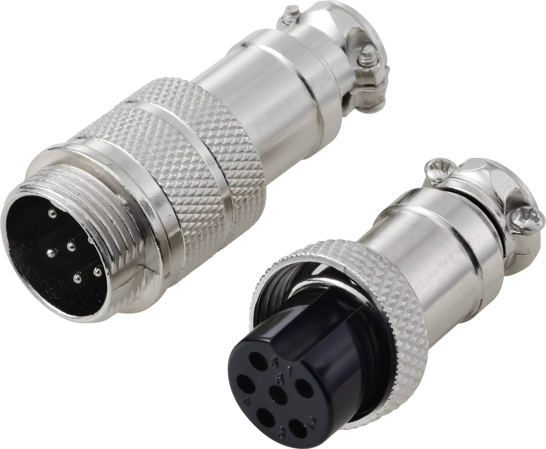 Deux connecteurs électriques circulaires métalliques à broches multiples avec prises texturées, l'un mâle et l'autre femelle, présentés alignés et démontés.