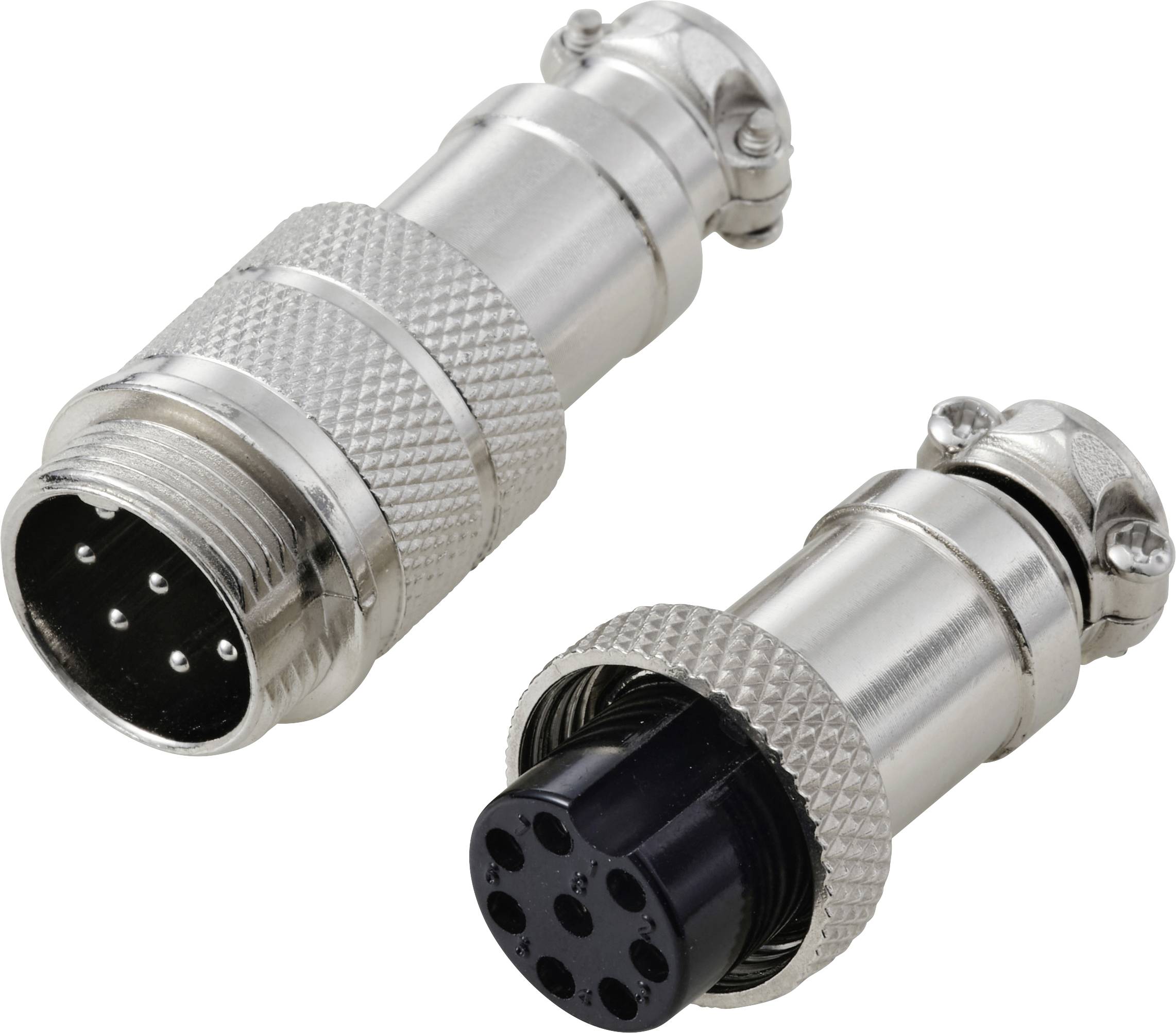 Deux connecteurs électriques métalliques argentés avec plusieurs broches et une surface rainurée, positionnés côte à côte sur un fond blanc.