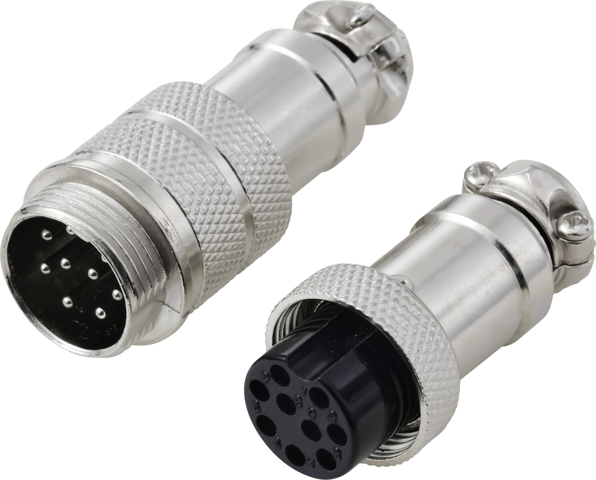 Deux connecteurs circulaires métalliques, l'un mâle avec des broches et l'autre femelle avec des socles, côte à côte, utilisés pour des connexions électriques.