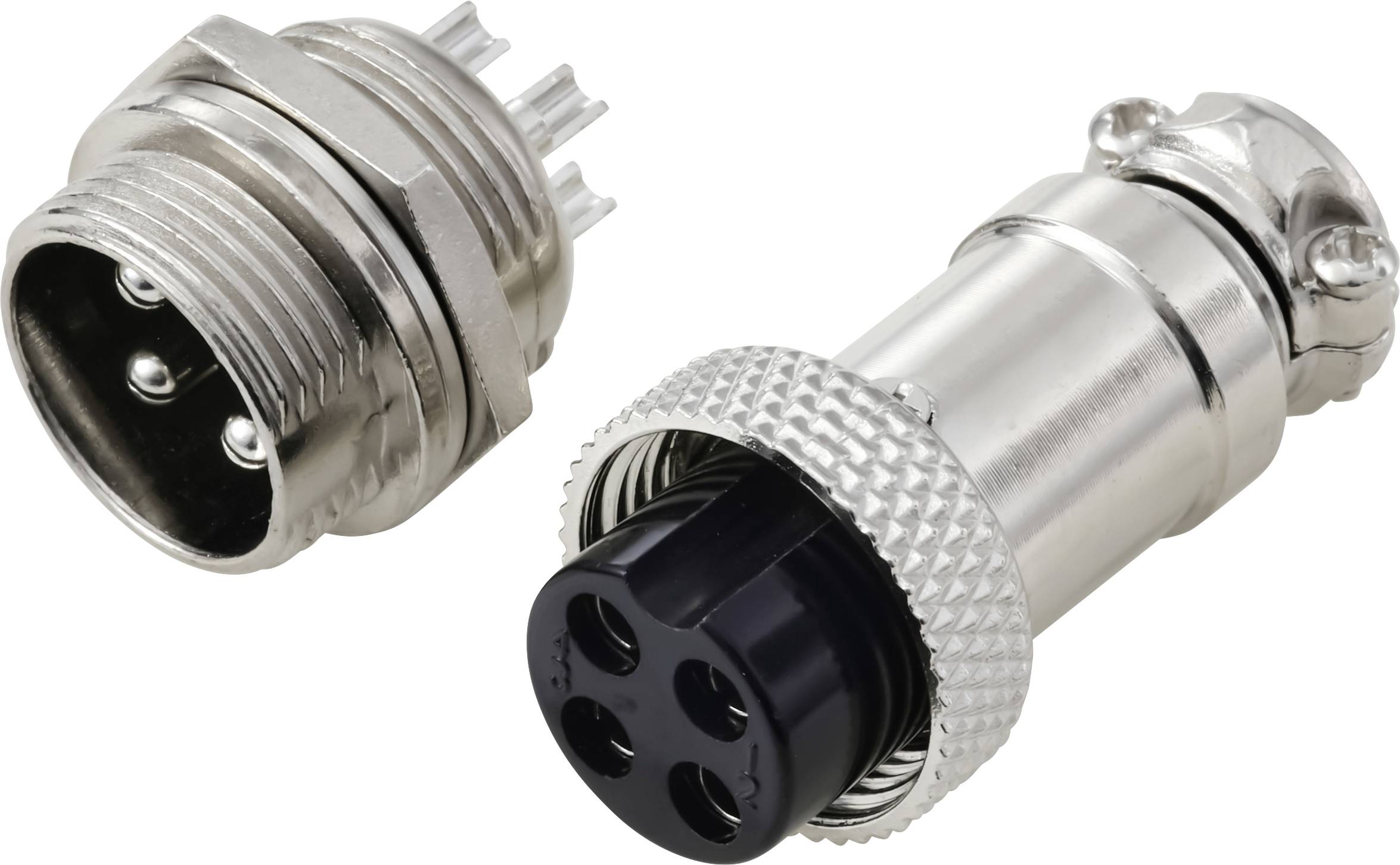 Gros plan sur un connecteur métallique en deux parties avec des broches et un socle, conçu pour sécuriser les connexions électriques.