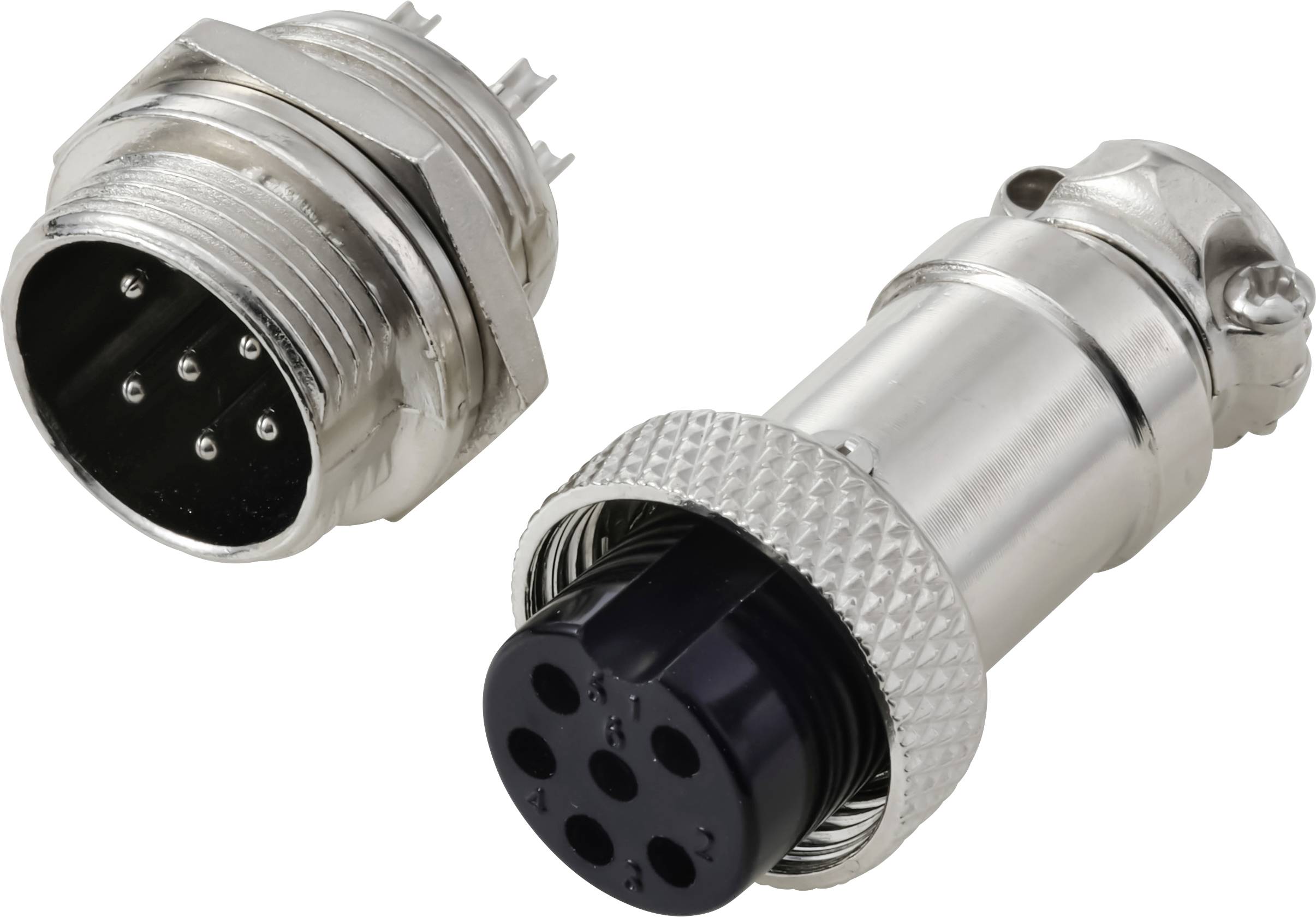 Un gros plan d'un connecteur circulaire métallique et sa fiche correspondante, chacun doté de plusieurs broches et socles, utilisés pour des connexions électroniques.