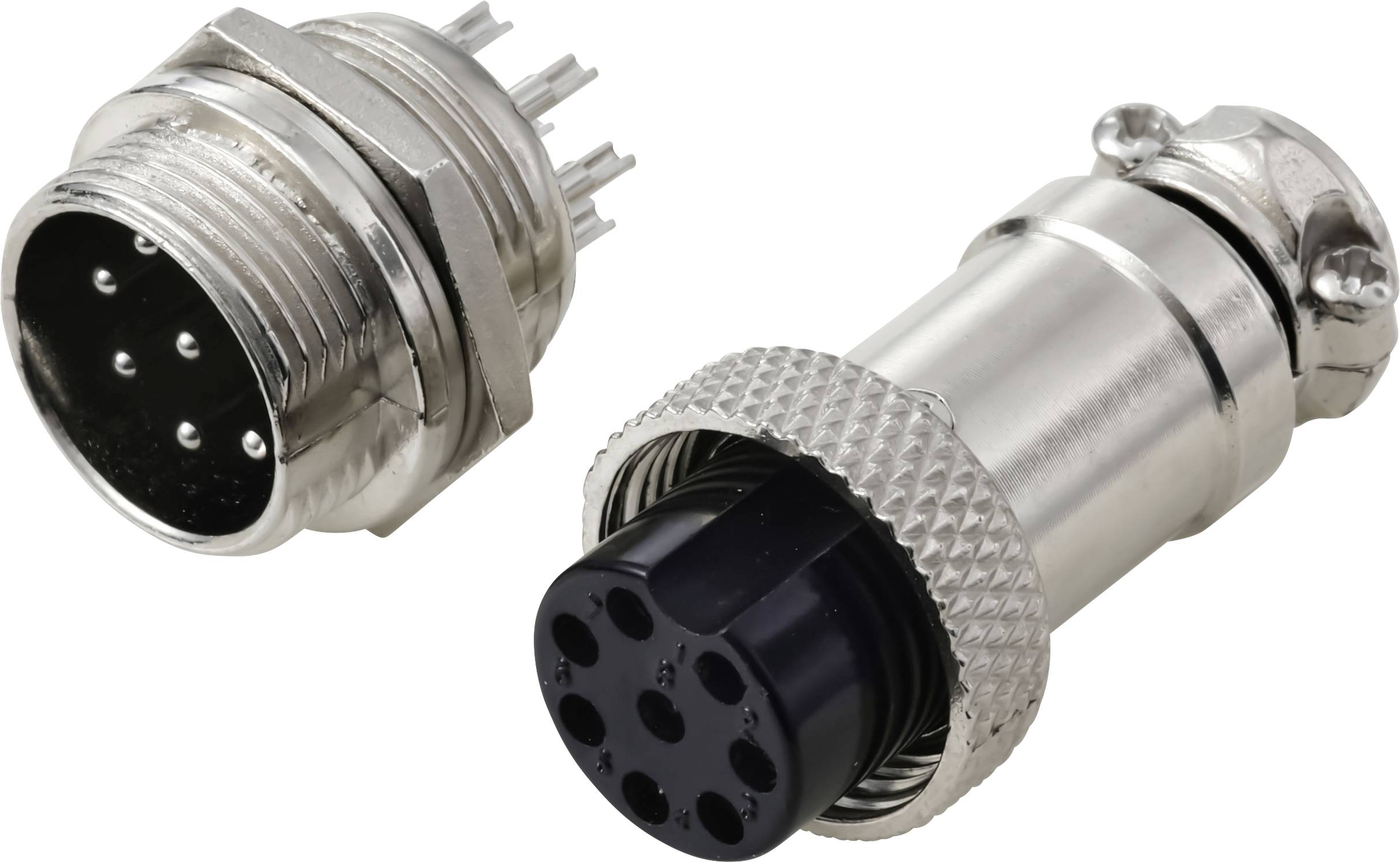 Deux connecteurs circulaires métalliques à broches multiples, l'un mâle et l'autre femelle, destinés aux connexions électriques, présentés dans un plan rapproché.