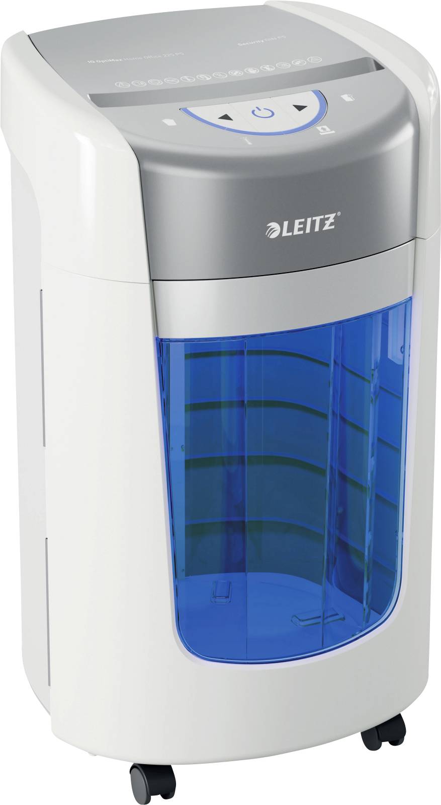 Destructeur de documents Leitz, blanc et gris, avec un bac de récupération transparent bleu. Il dispose de boutons de commande sur le dessus et est monté sur roulettes.