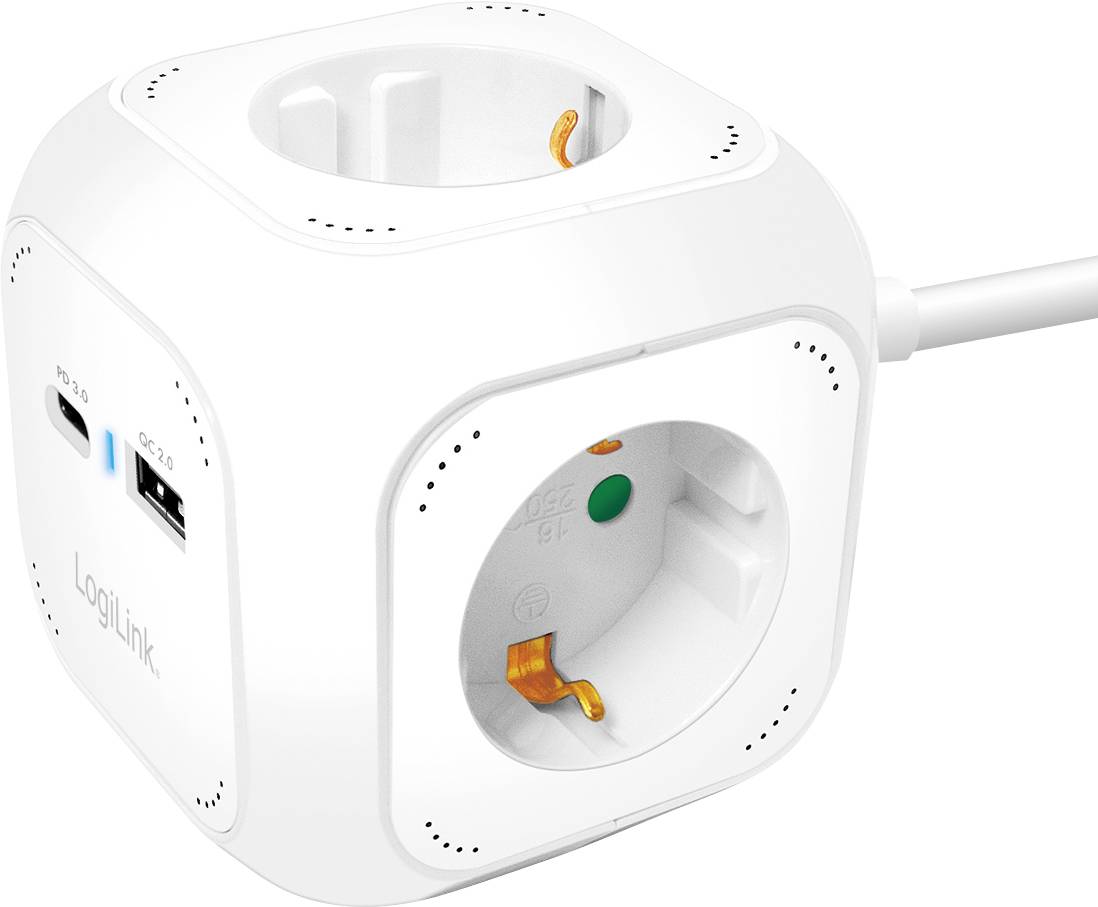 Un cube multiprise blanc avec plusieurs prises électriques et ports USB, conçu pour une distribution et un chargement efficaces de l'énergie.