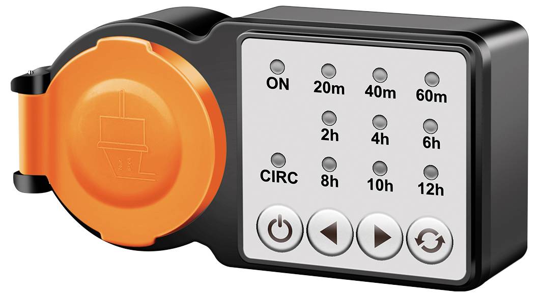 Un minuteur numérique noir et orange avec des boutons et des indicateurs LED pour « ON, CIRC » et des réglages de temps allant de « 20m » à « 12h ».