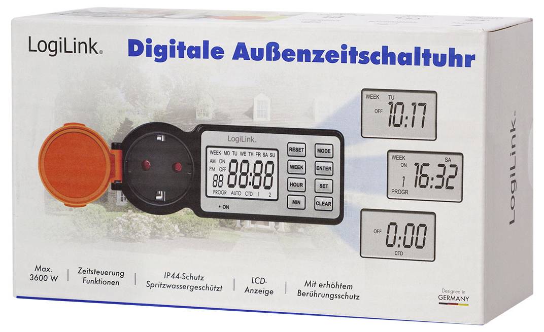 L'image présente un boîtier pour un minuteur numérique extérieur de LogiLink avec un couvercle de protection. Les caractéristiques comprennent un affichage LCD et une protection IP44.