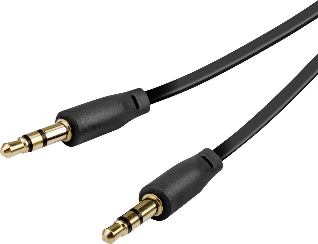 Deux câbles audio noirs avec des connecteurs plaqués or de 3,5 mm, utilisés pour la transmission du son stéréo, sur un fond blanc.