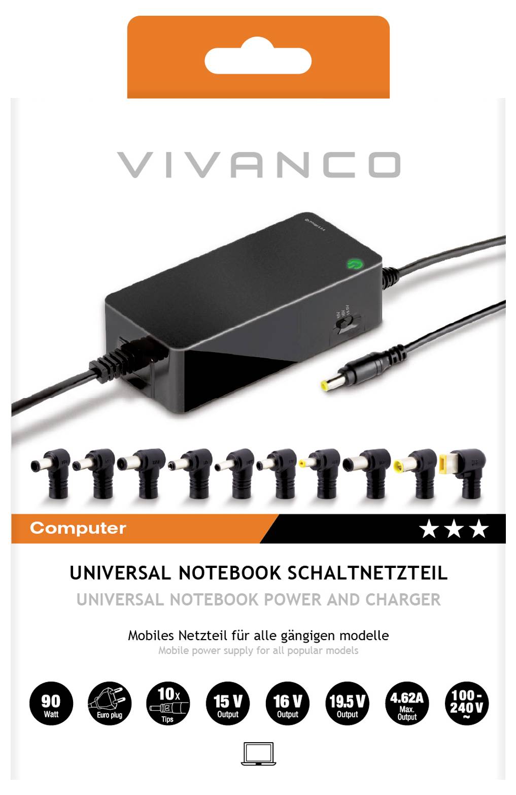 Chargeur universel pour ordinateur portable par Vivanco avec plusieurs embouts d'adaptateurs pour une compatibilité avec différents modèles d'ordinateurs portables.
