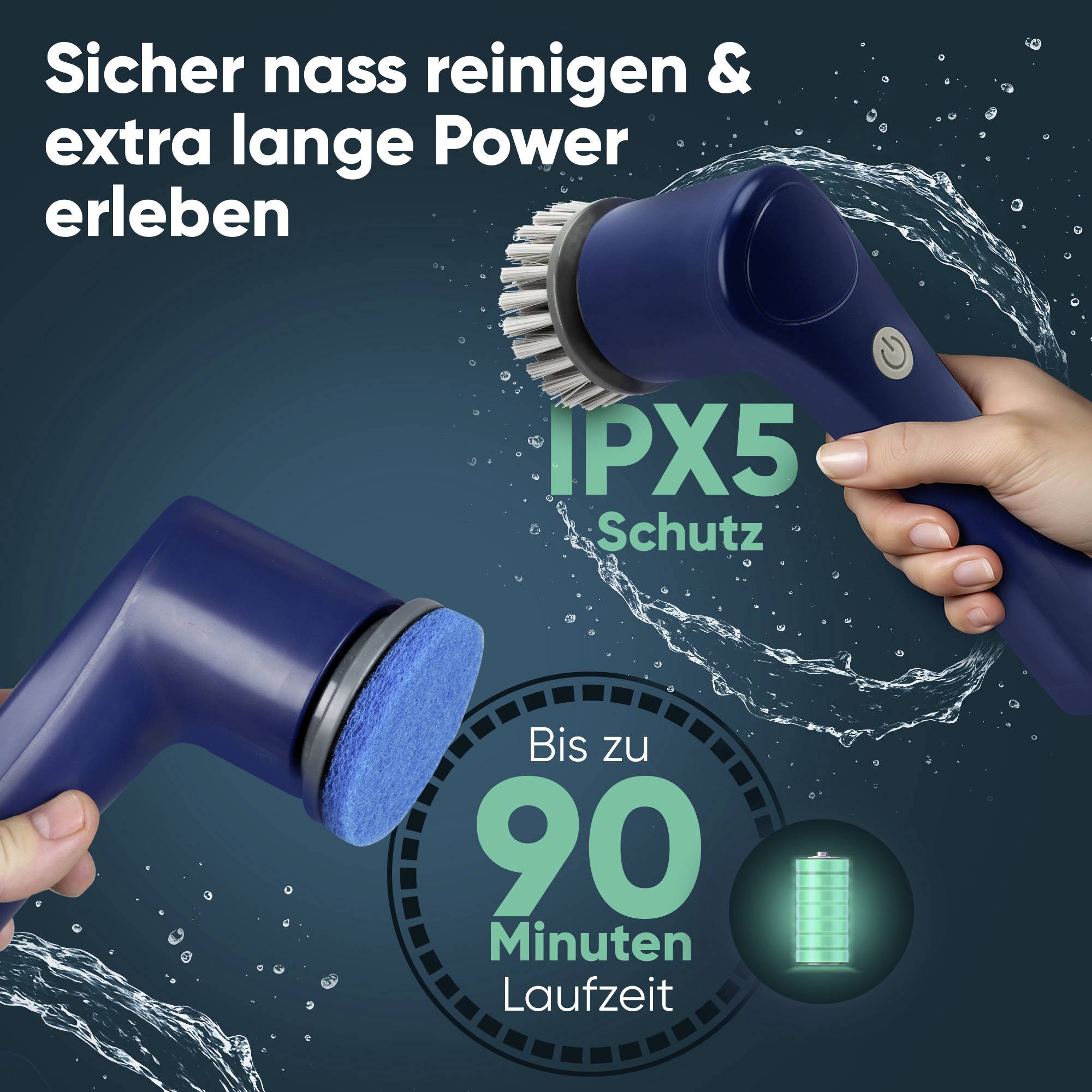 Brosse de nettoyage électrique avec têtes interchangeables ; offre une protection IPX5 et jusqu'à 90 minutes d'autonomie ; tenue en main sûre et confortable.