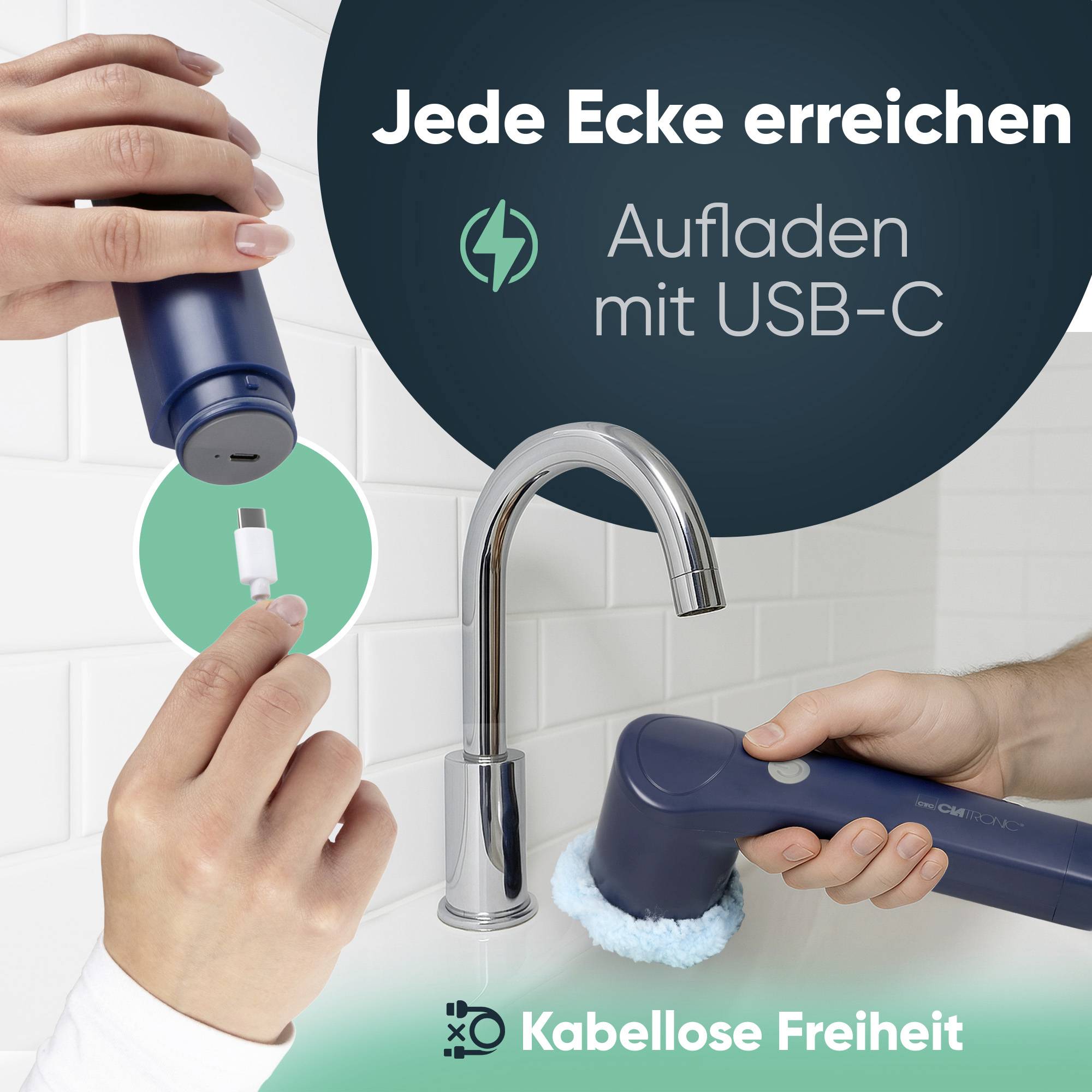 « Atteindre chaque recoin » et « Chargement via USB-C » sur une brosse de nettoyage électrique utilisée sous un robinet, avec un design sans fil.