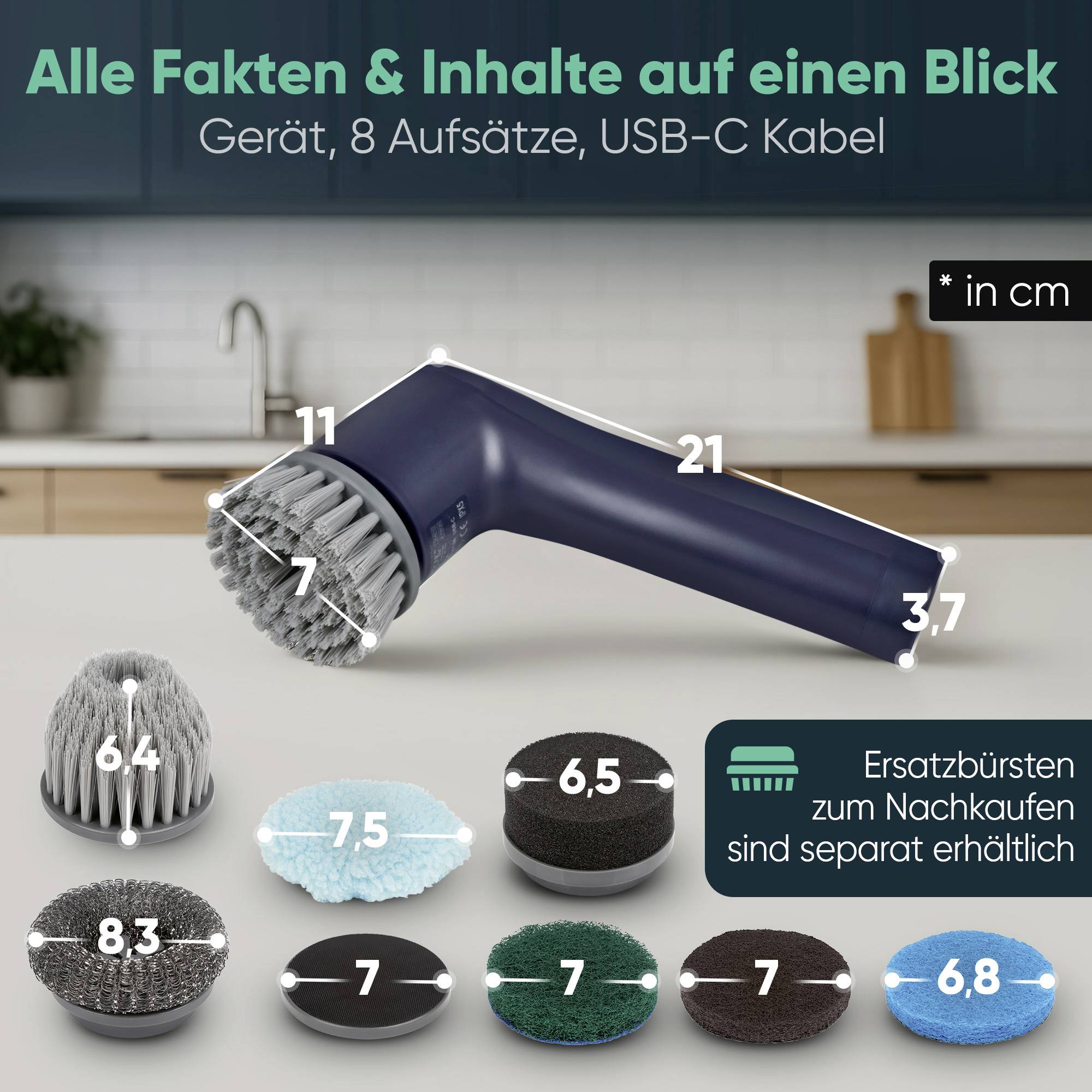 Brosse électrique avec 8 embouts et câble USB-C. Embouts : 6 à 8,3 cm. Brosses de rechange disponibles séparément.