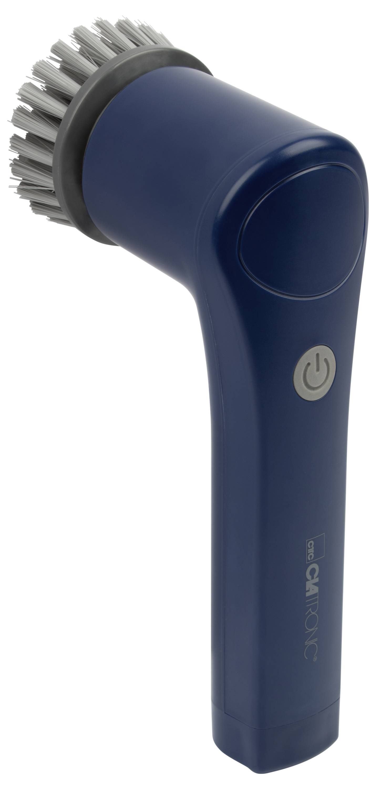 Une brosse de nettoyage électrique portable bleue avec des poils rigides et un bouton marche/arrêt sur la poignée.