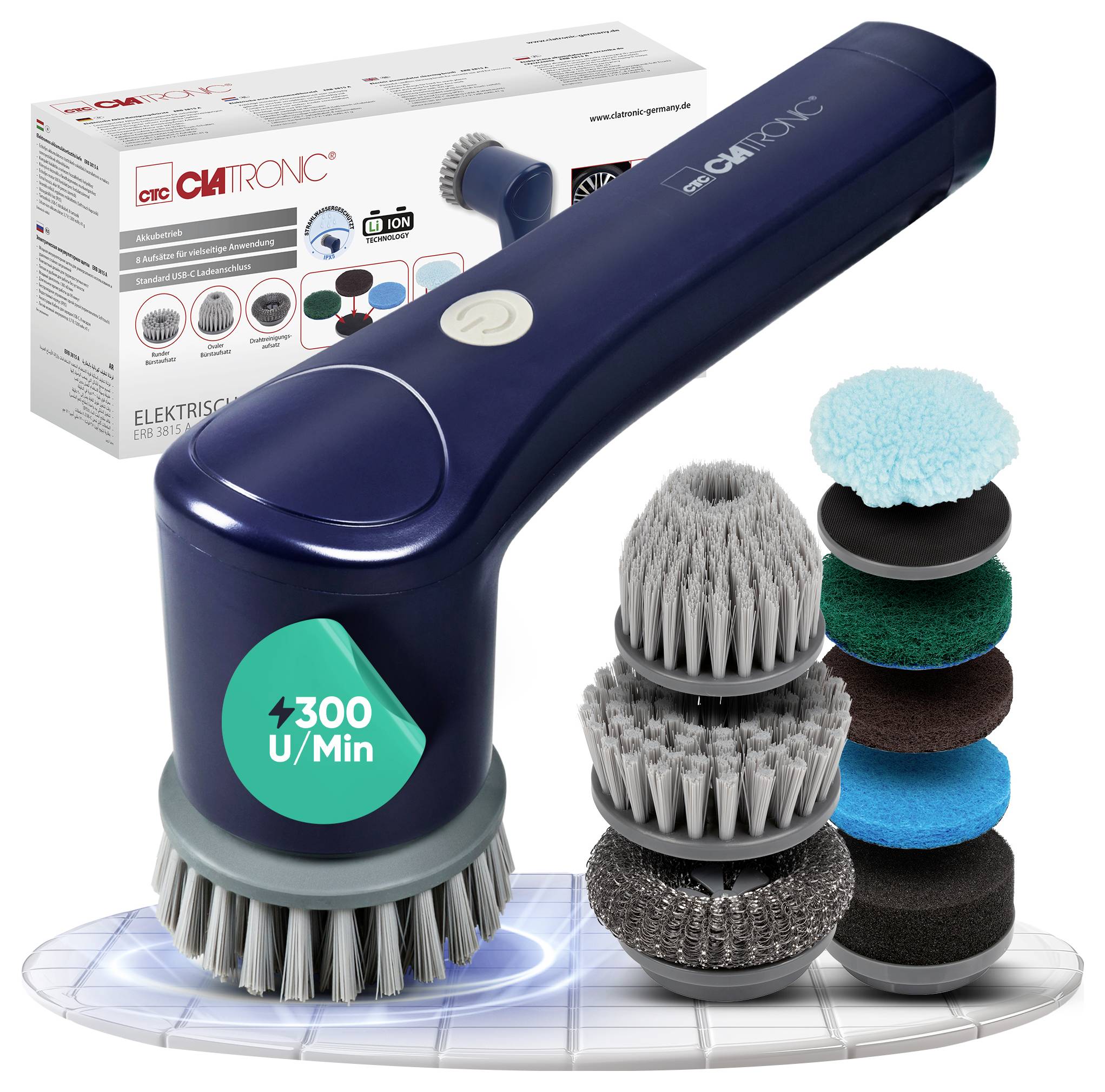 Brosse de nettoyage électrique 300 U/Min en bleu avec différentes têtes de brosse, emballage en arrière-plan.