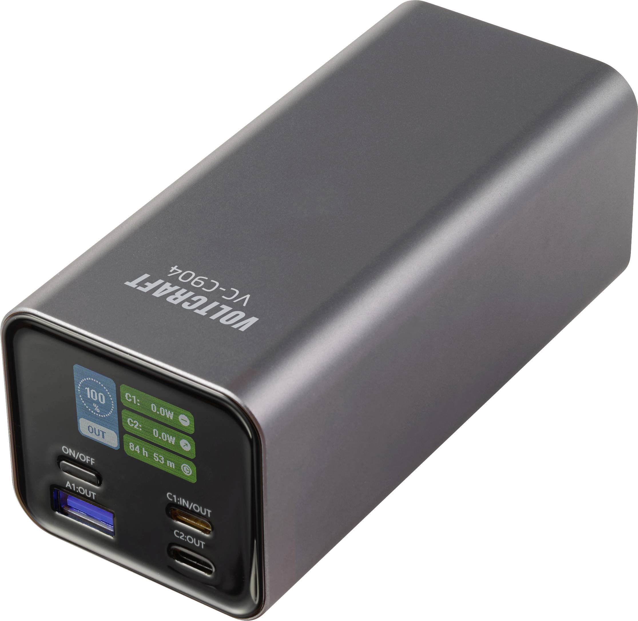 Une batterie externe rectangulaire avec plusieurs ports de charge étiquetés C1, C2, A1, affichant un indicateur de niveau de batterie sur le panneau avant.