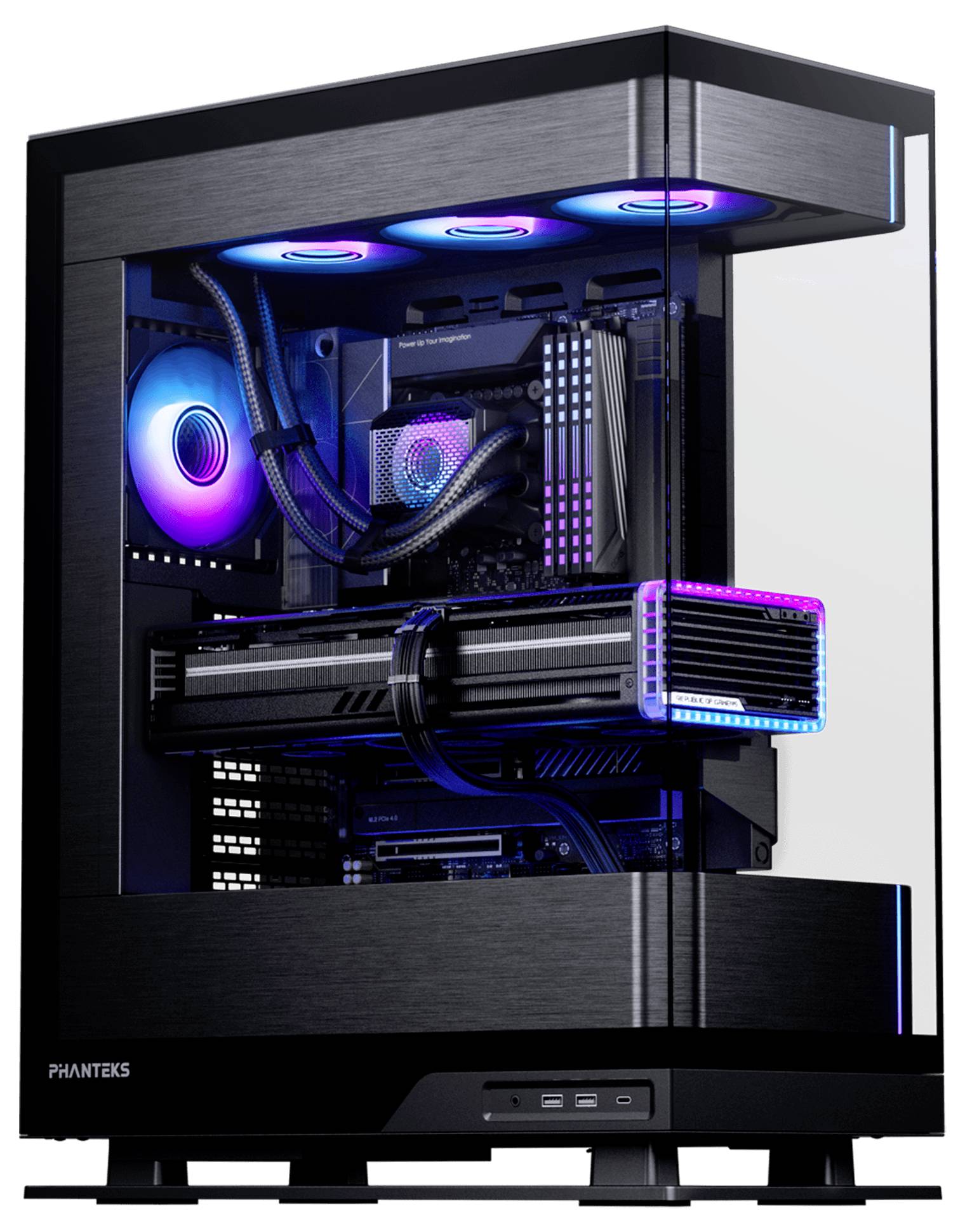 Un PC gaming avec des composants internes visibles, comprenant des ventilateurs de refroidissement illuminés, une carte graphique et une carte mère, logé dans un boîtier en verre.