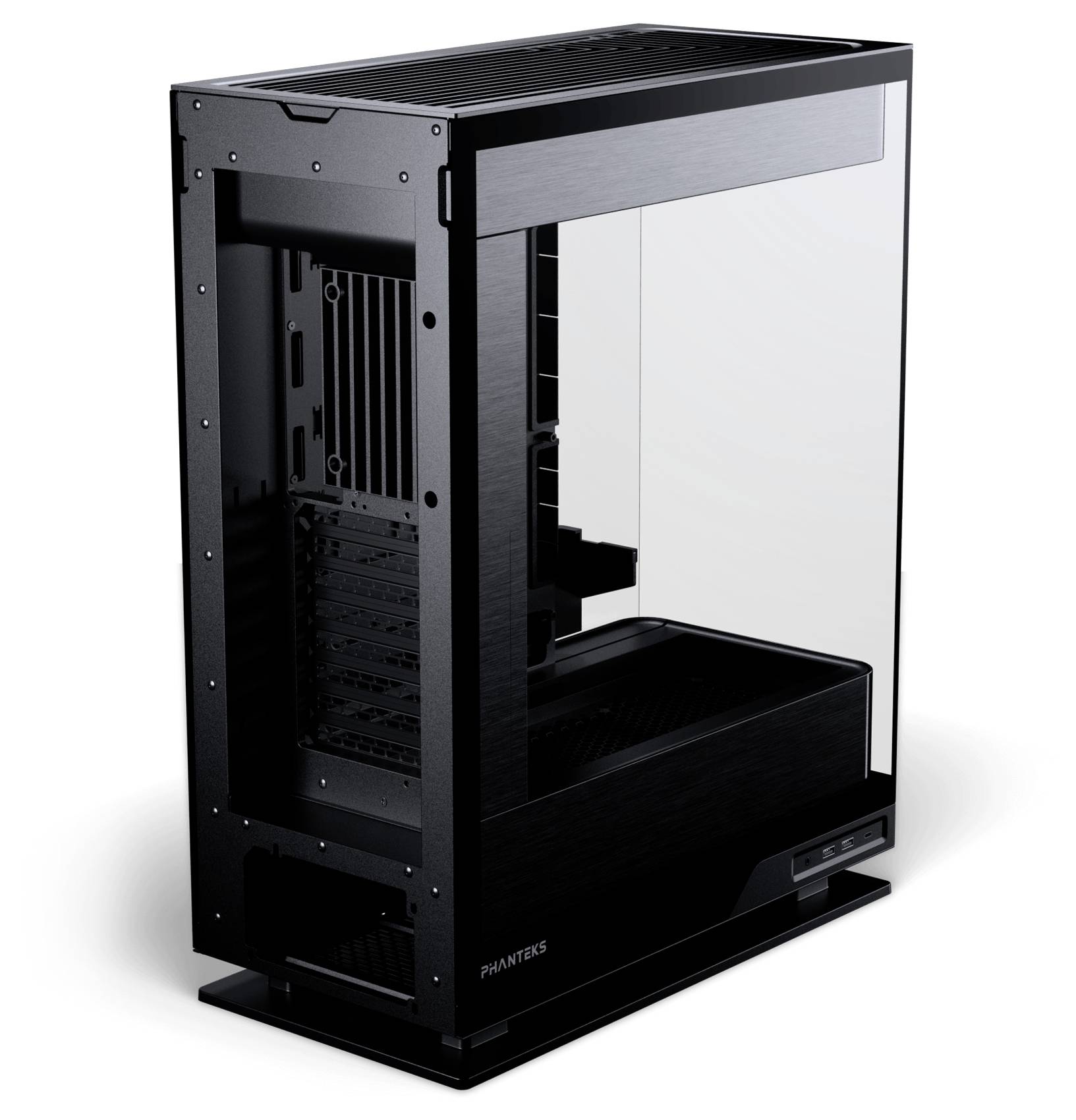 Un boîtier d'ordinateur rectangulaire noir avec un panneau latéral transparent, montrant un intérieur vide avec des emplacements de montage et la marque 'Phanteks'.