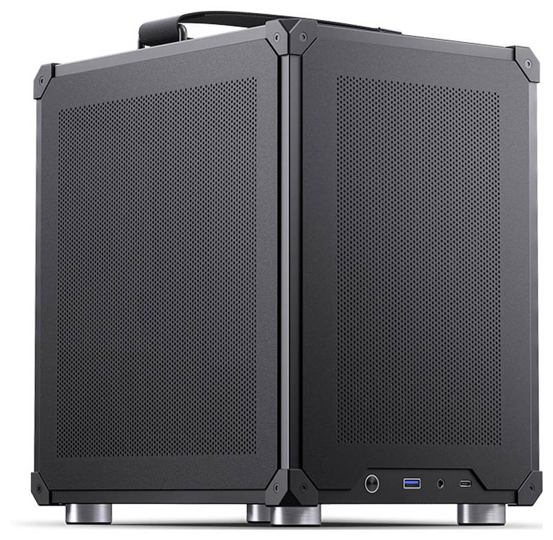 Un boîtier d'ordinateur noir, de forme cubique, avec des panneaux en maille et des ports situés à la base. Il est équipé de poignées sur le dessus, conçues pour faciliter le transport.