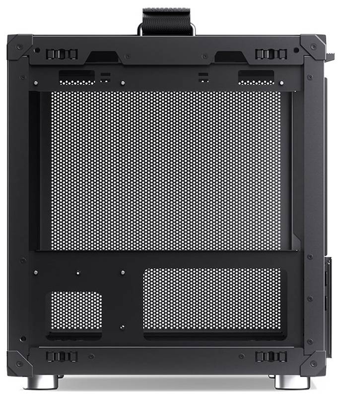 Un boîtier d'ordinateur noir rectangulaire avec un panneau avant en maille, favorisant la ventilation. Il dispose d'une poignée sur le dessus et repose sur quatre pieds.