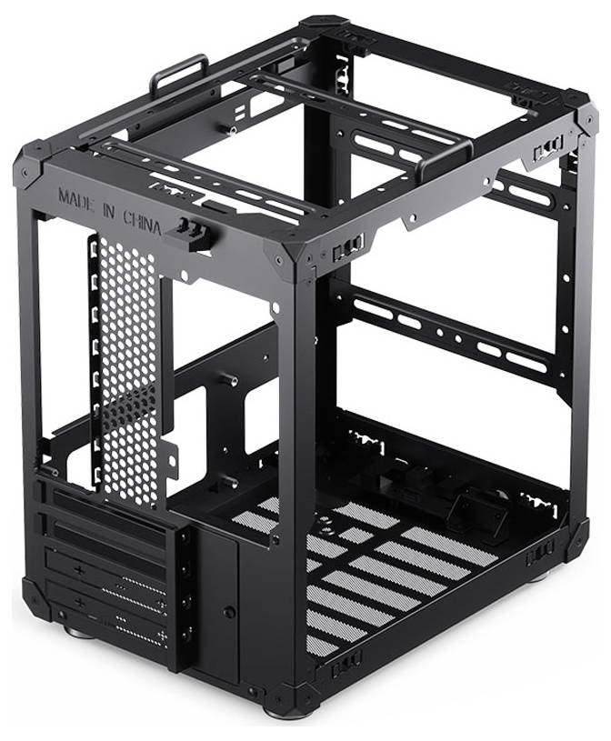 Boîtier noir ouvert en métal pour ordinateur, présentant une structure rectangulaire avec des côtés et un dessus ouverts, adapté aux constructions de PC personnalisées.