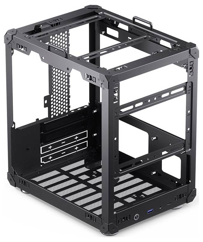 Boîtier d'ordinateur noir ouvert avec un châssis apparent et des emplacements visibles pour les composants, offrant des configurations personnalisables pour la construction d'un PC.