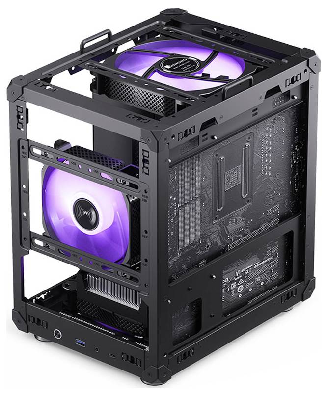 Un boîtier de PC gaming noir à structure ouverte avec des ventilateurs LED violets sur le dessus et l'avant. Les composants internes et la carte mère sont visibles.
