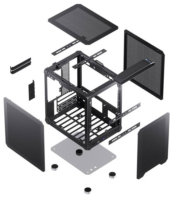 Vue éclatée d'un boîtier d'ordinateur montrant les panneaux, le châssis et les composants désassemblés, illustrant la structure et les pièces d'assemblage.