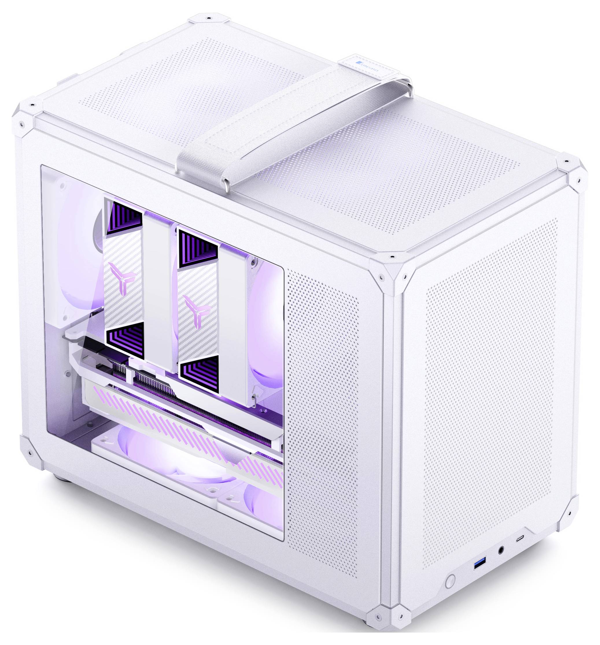 Un boîtier d'ordinateur blanc avec une poignée, présentant des ventilateurs visibles et des cartes graphiques émettant une lumière violette, suggérant un système de refroidissement et un design avancés.