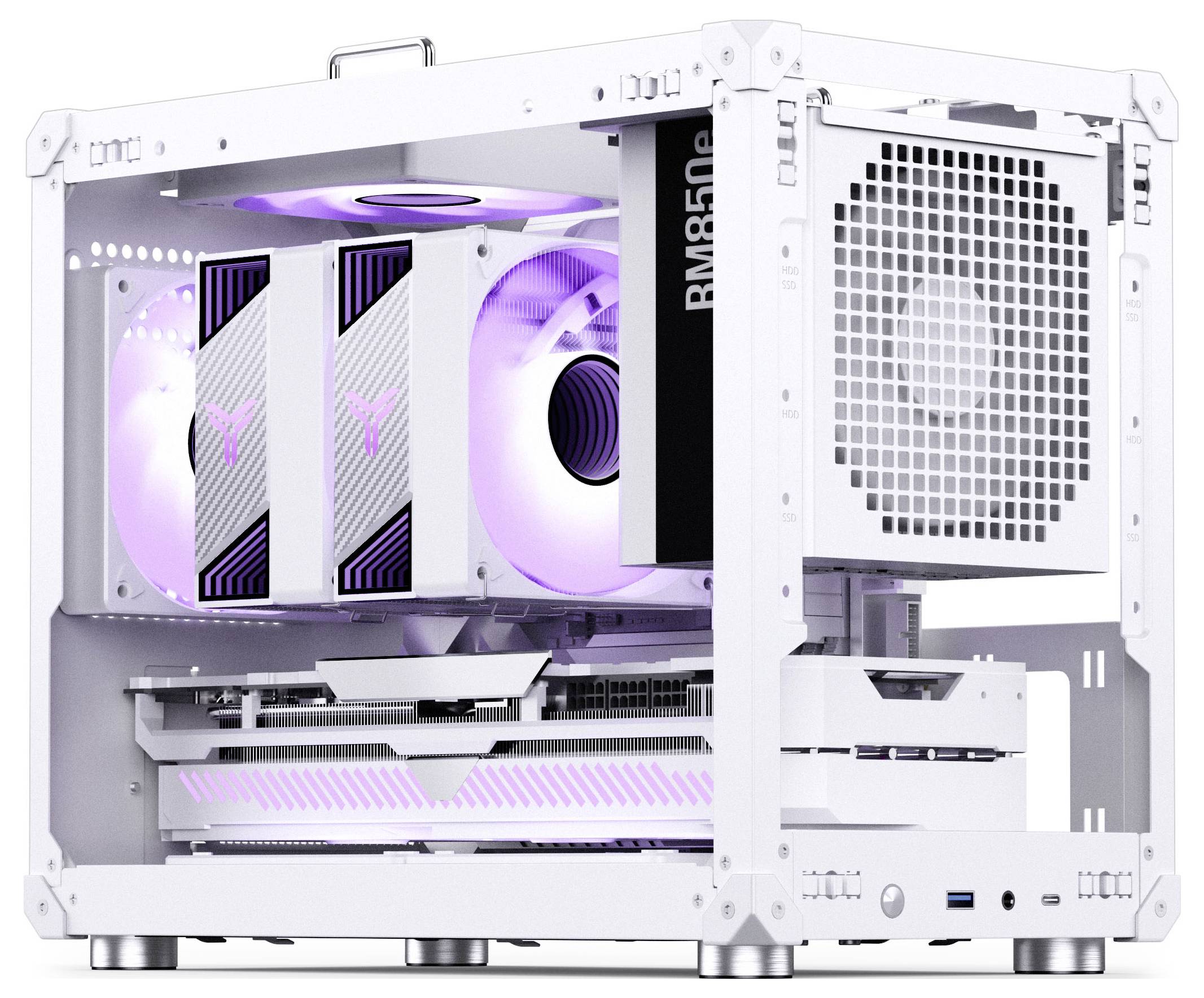 Boîtier d'ordinateur blanc avec composants internes visibles, doté de ventilateurs et de composants éclairés en violet, présentant un design élégant et moderne.