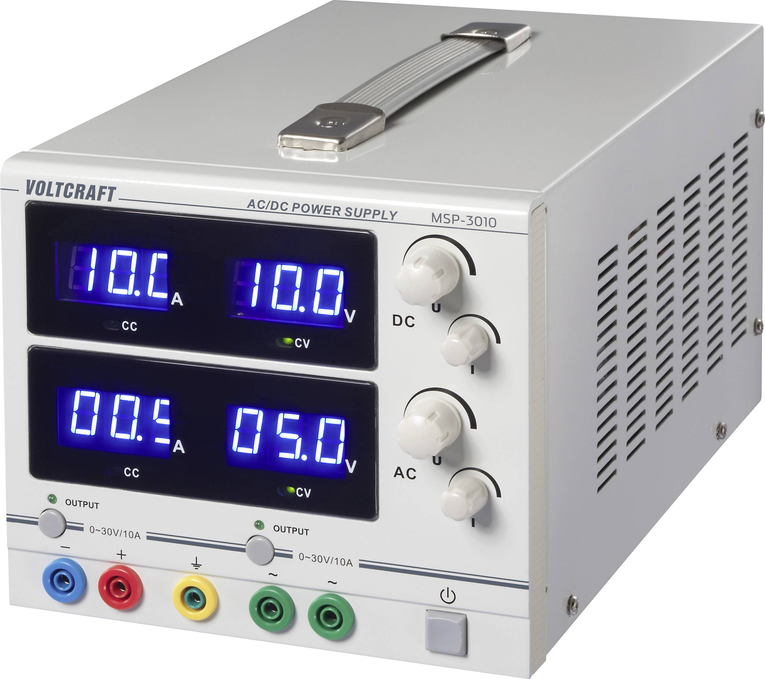 Un bloc d'alimentation double canal AC/DC avec affichages numériques indiquant des sorties de 10 volts et 5 ampères pour les deux canaux. Quatre boutons de réglage inclus.