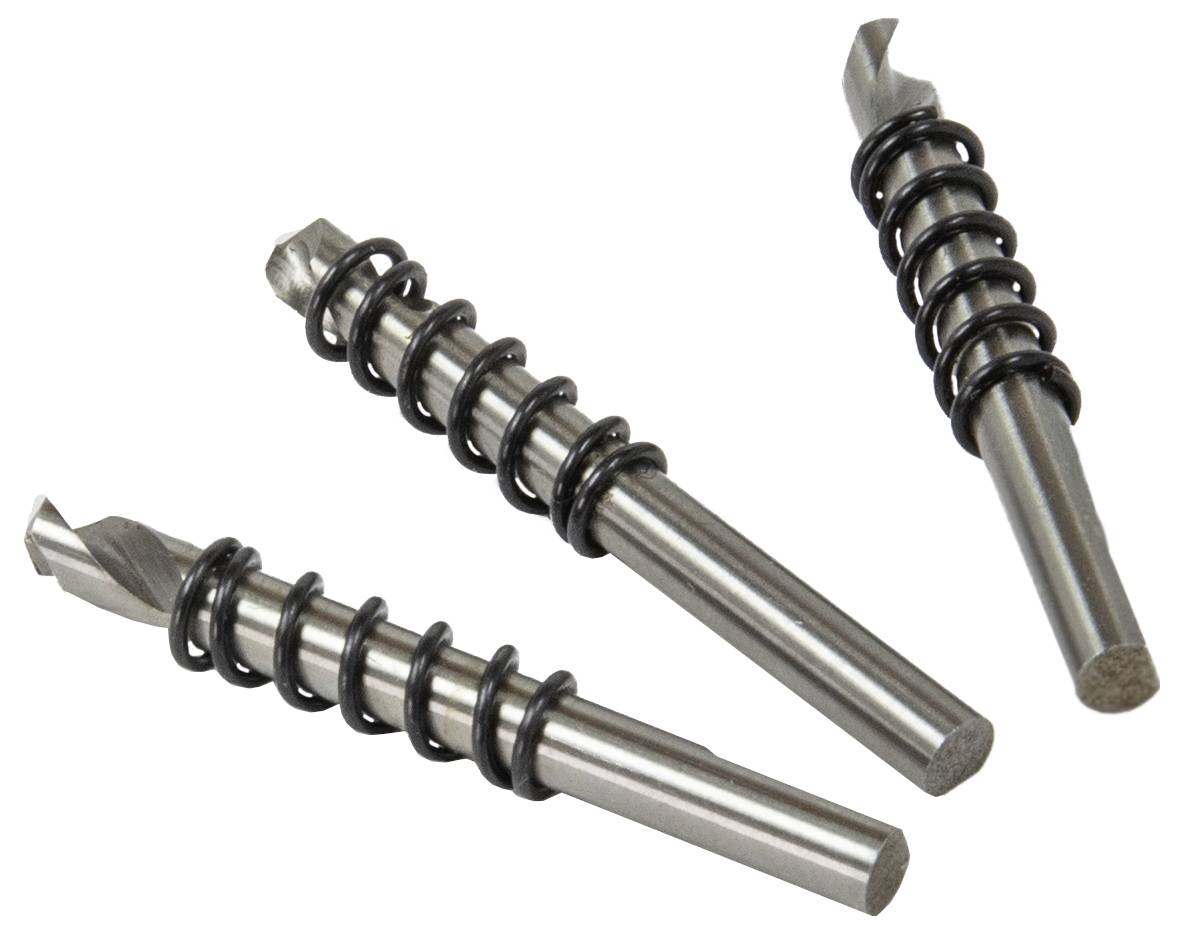 Trois mèches de perceuse en argent avec des ressorts noirs, disposées en diagonale sur un fond blanc, montrant les détails de conception et de matériaux.